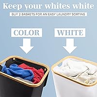 Vista 5 de Cesta de lavandería Lonbet con tapa, fabricada con tela transpirable Cestas estéticas para ropa con asas laterales y marco de bambú resistente