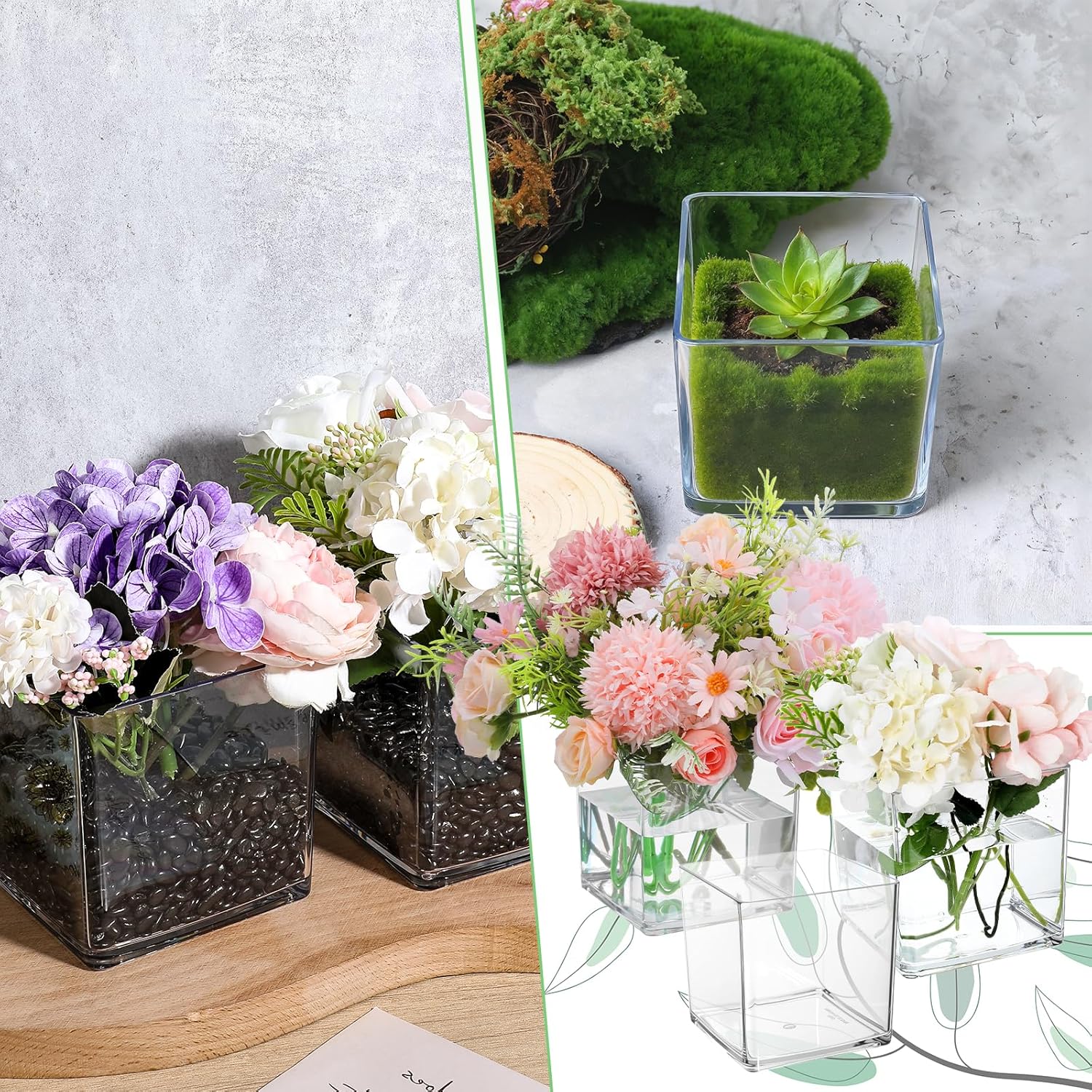 6 Pcs Square Acrylic Vase 4" x 4" Plastic Flower Acrylic Vases for Centerpieces Plastic Vase Cube Bulk Succulent Pots Planter Clear Square Vases for Centerpieces Plant Wedding Home Office Floral Decor