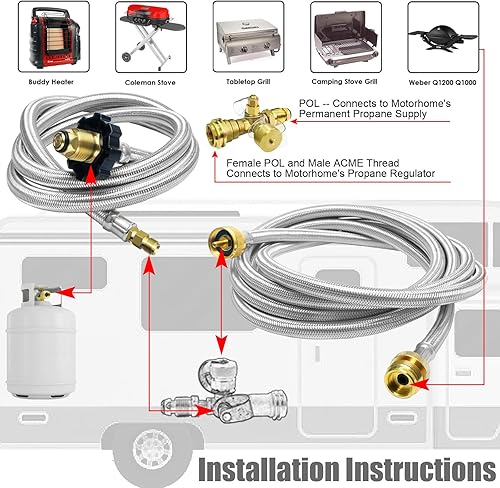 Miniatura 6 de Kit de 4 puertos de latón propano con manguera trenzada de acero inoxidable de 5 pies y 12 pies, el kit de adaptador de T permite la conexión entre