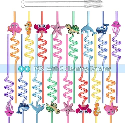 Miniatura 5 de Pajitas reutilizables de animales marinos  16 popotes de plástico para beber criaturas oceánicas para decoración de fiestas de niños, suministros de