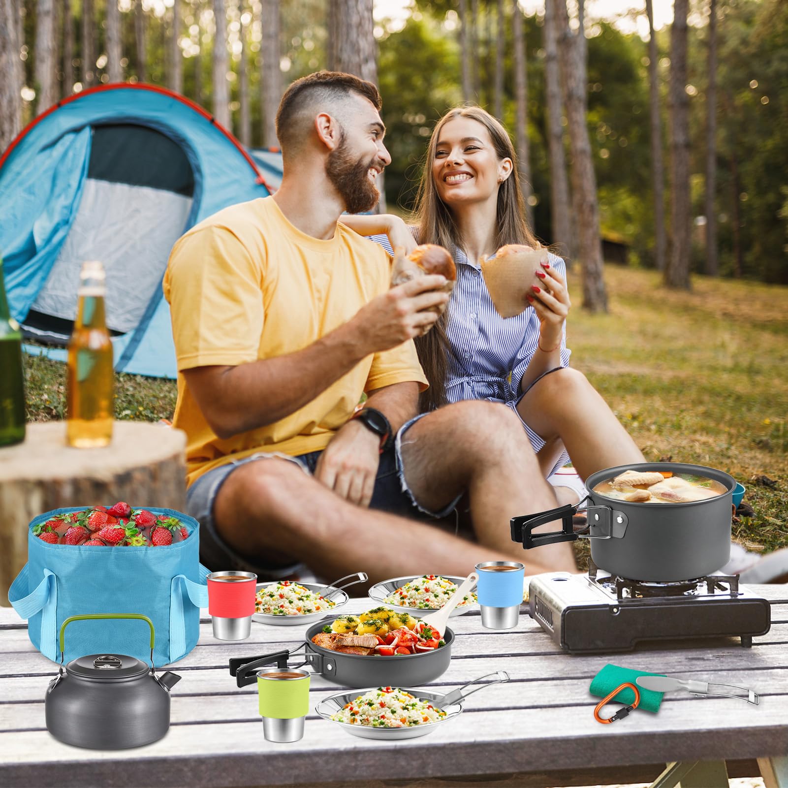 Camping Geschirr Set, Aomiun Campinggeschirr Kochset für 3 Personen, 22 Teilig Camping Kochgeschirr Set Camping Topf und Pfannen Kochset für Outdoor Camping Wandern Rucksackreisen