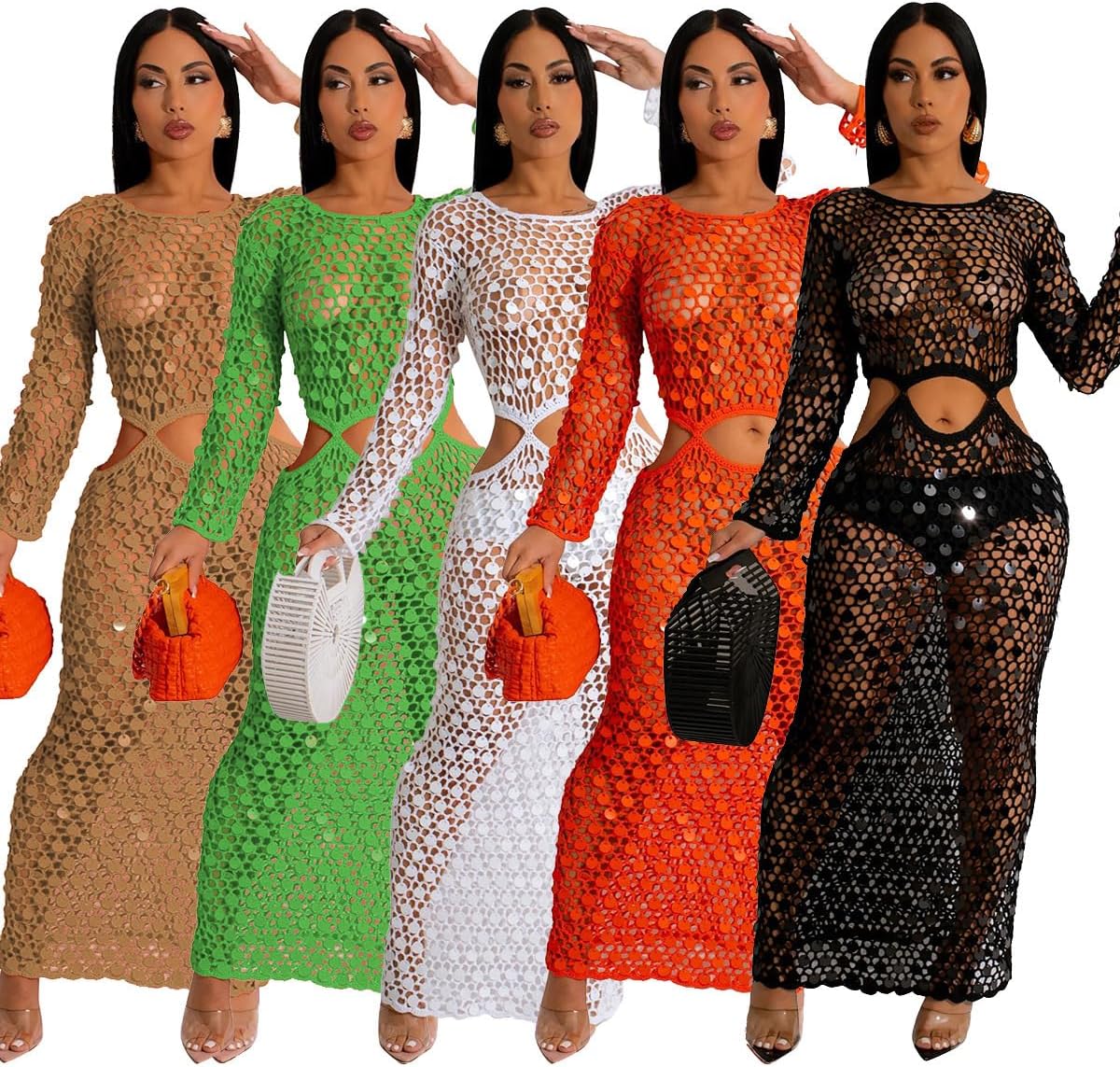RanRui Women Sexy Long Sleeve Sequin Crochet Maxi Dress Cold Tummy Beach Cover Handmade Knitted Hollow Sequin Beach Dress