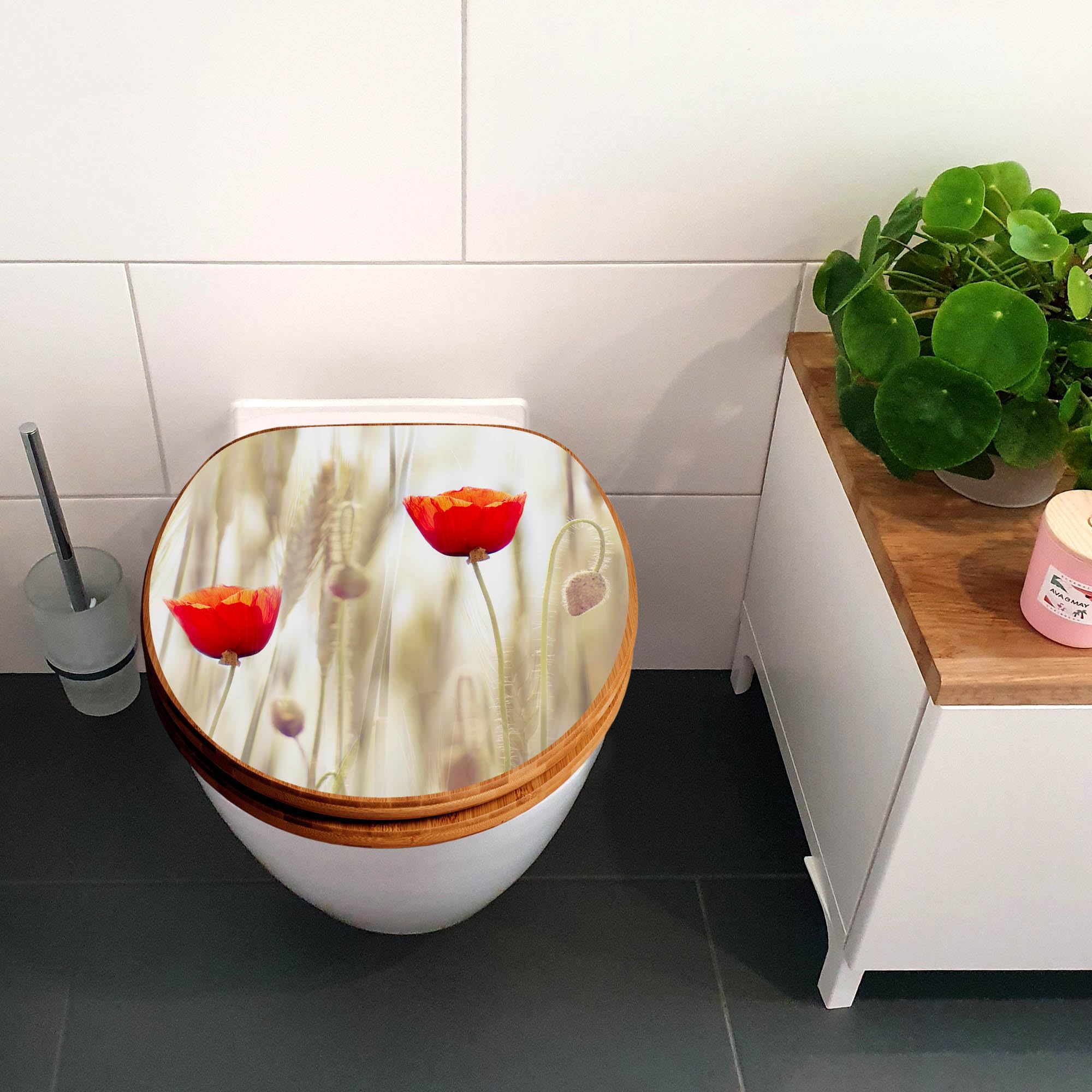 banjado Design WC Sitz Bambus Absenkautomatik 45,8x37,5cm - Toilettendeckel mit Absenkautomatik Holz - hochwertiger Bambus Klodeckel - WC-Sitz für gängigen Toiletten - Motiv Klatschmohn