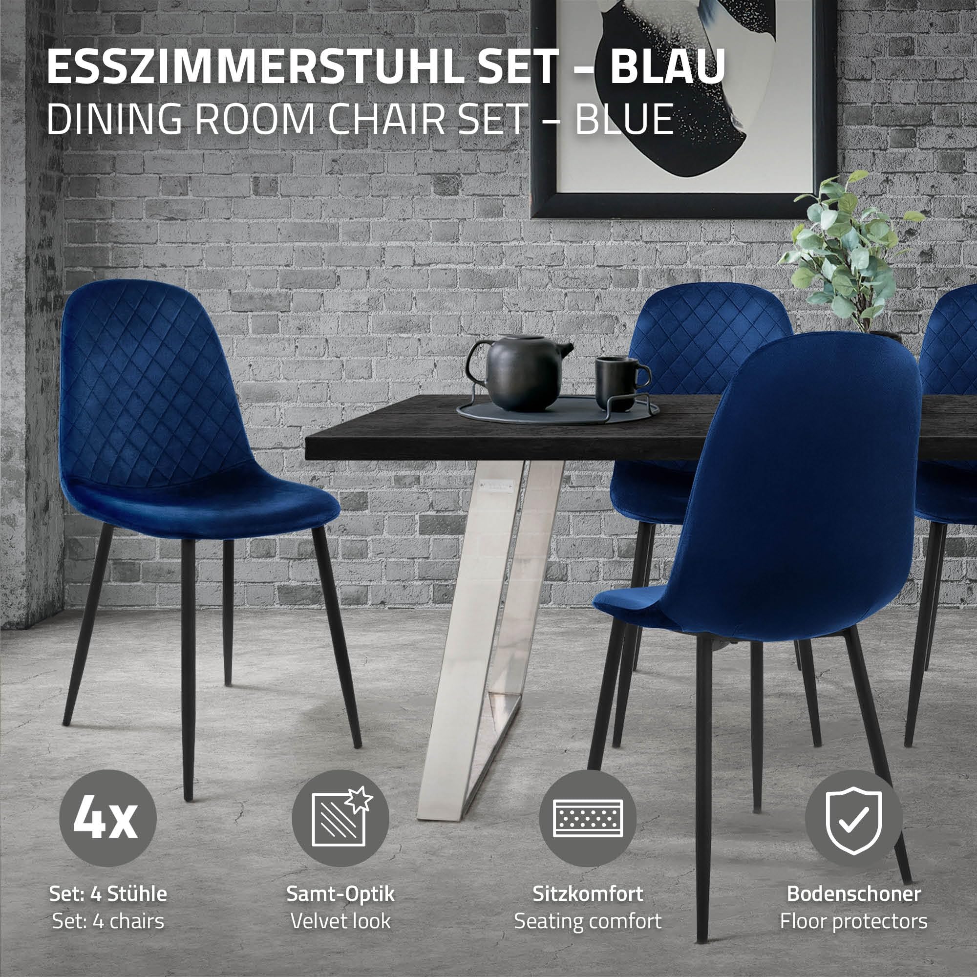 ML-Design Juego de 4x Sillas de Comedor Azul Oscuro con respaldo Asiento Ergonómico Acolchado Tapizado de Terciopelo con Patas de Metal Sillón de Diseño Moderno para Mesa de Salón, Escritorio o Cocina