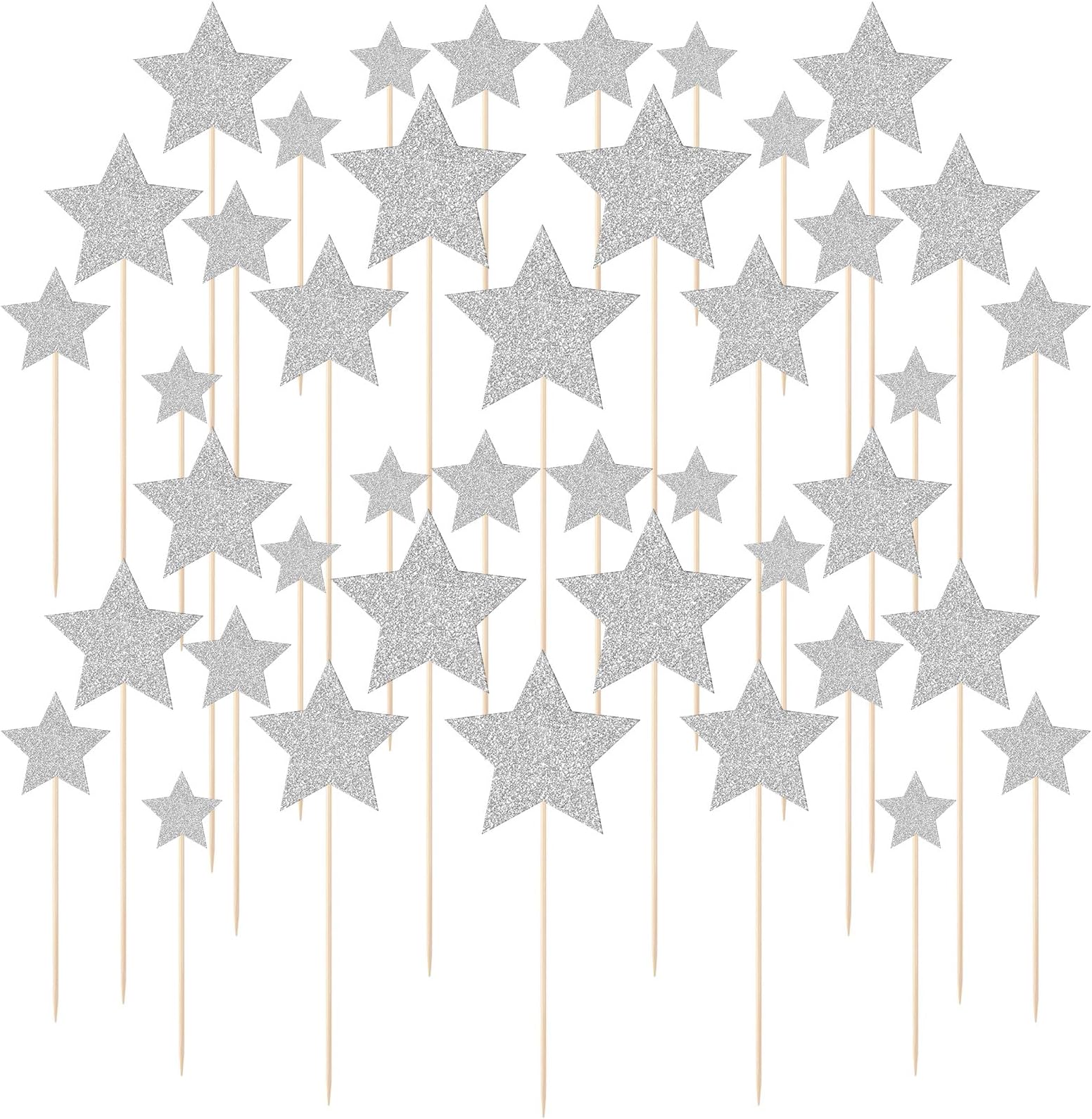 42 PCS Glitter Silver Star Cake Picks, Twinkle Star Cupcake Toppers, Wedding Engagement Baby Shower Birthday Party Cake Decorations Supplies, Mixed Size