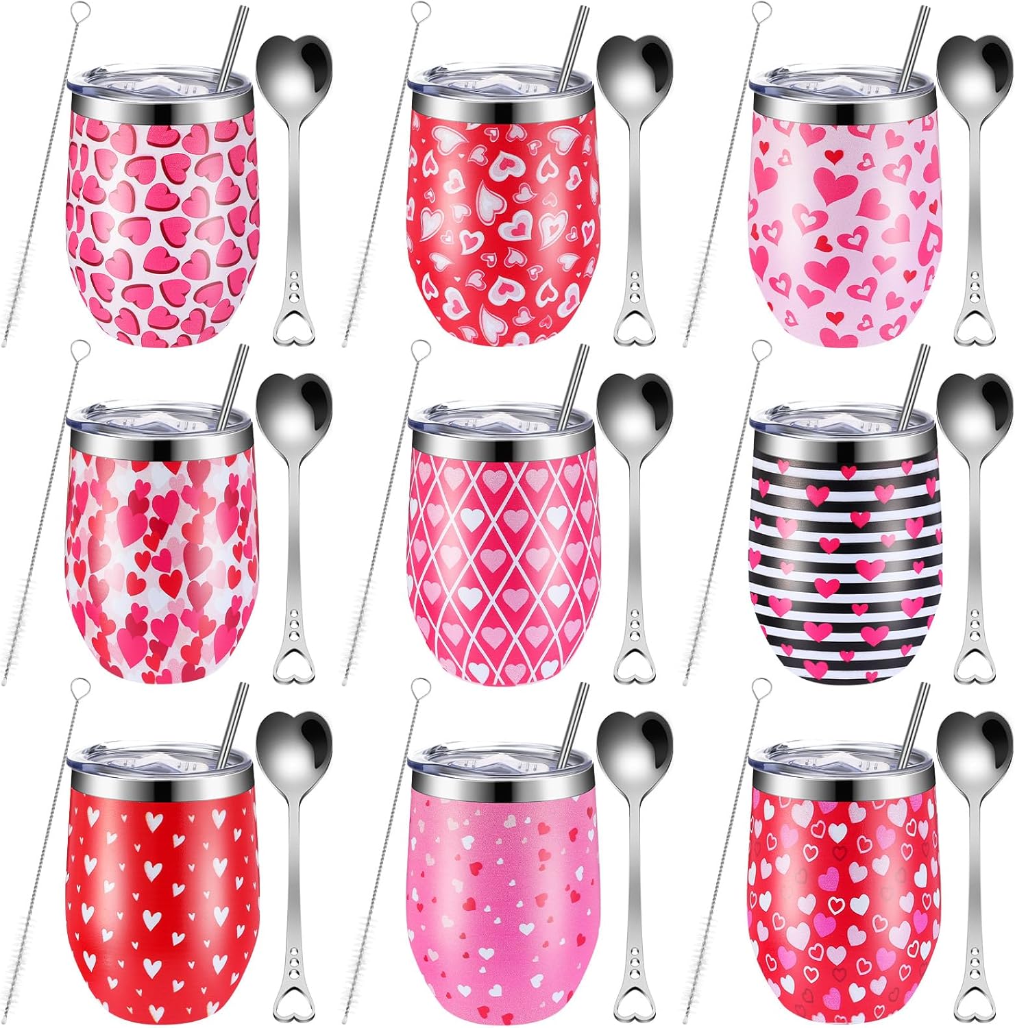 Hushee 9 Pcs Valentine's Day Tumblers Gifts Bulk 12 oz Stainless Steel Wine Tumbler with Heart Spoon Straw and Brush Red Vacuum Coffee Cup for Birthday Wedding Party Gift