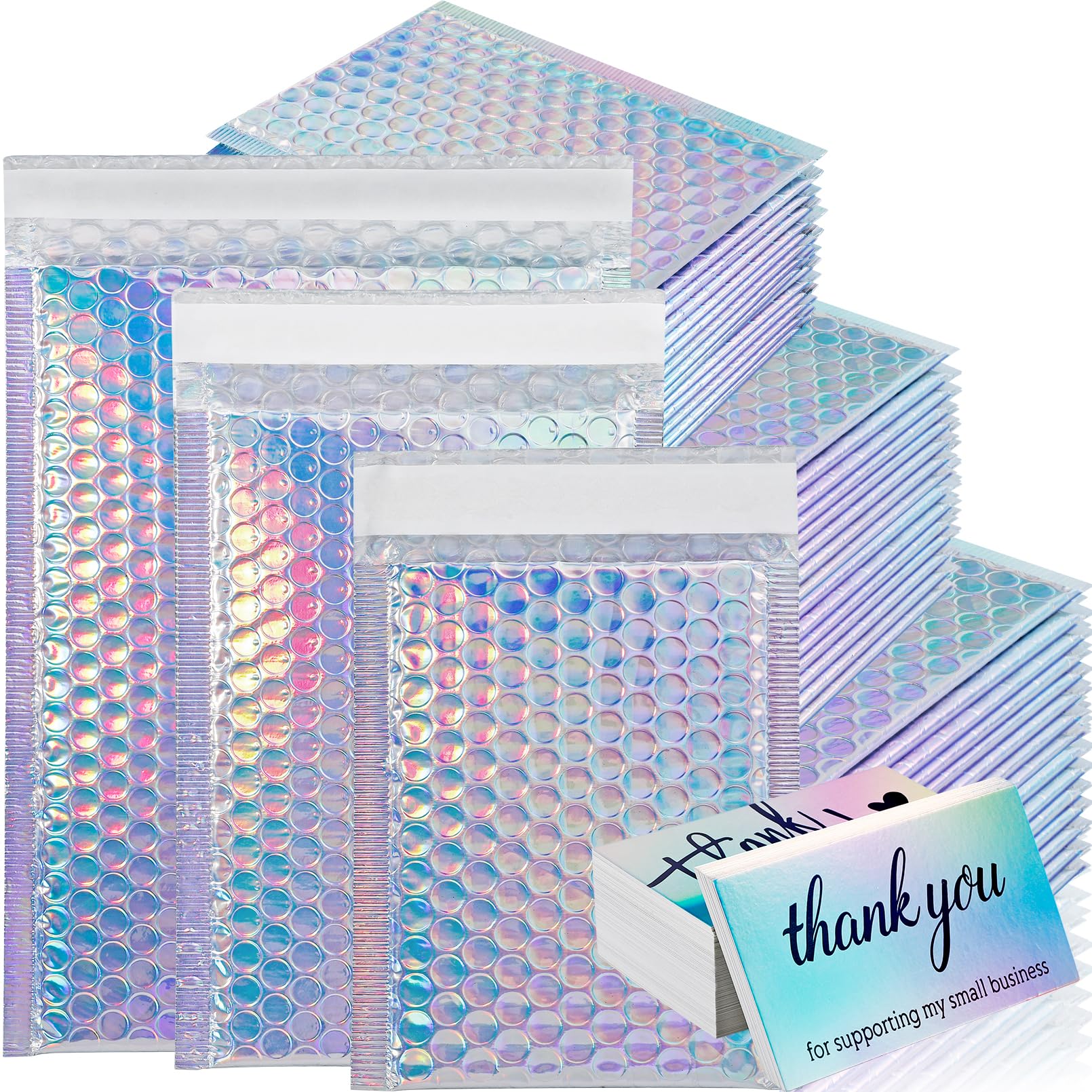 50 Pcs Metallic Bubble Mailers, 3 Sizes Holographic Bubble Mailer, Self Seal Waterproof Poly Padded Envelopes, Cushion Envelopes with 50 Thank You Cards for Mailing Packaging Small Business