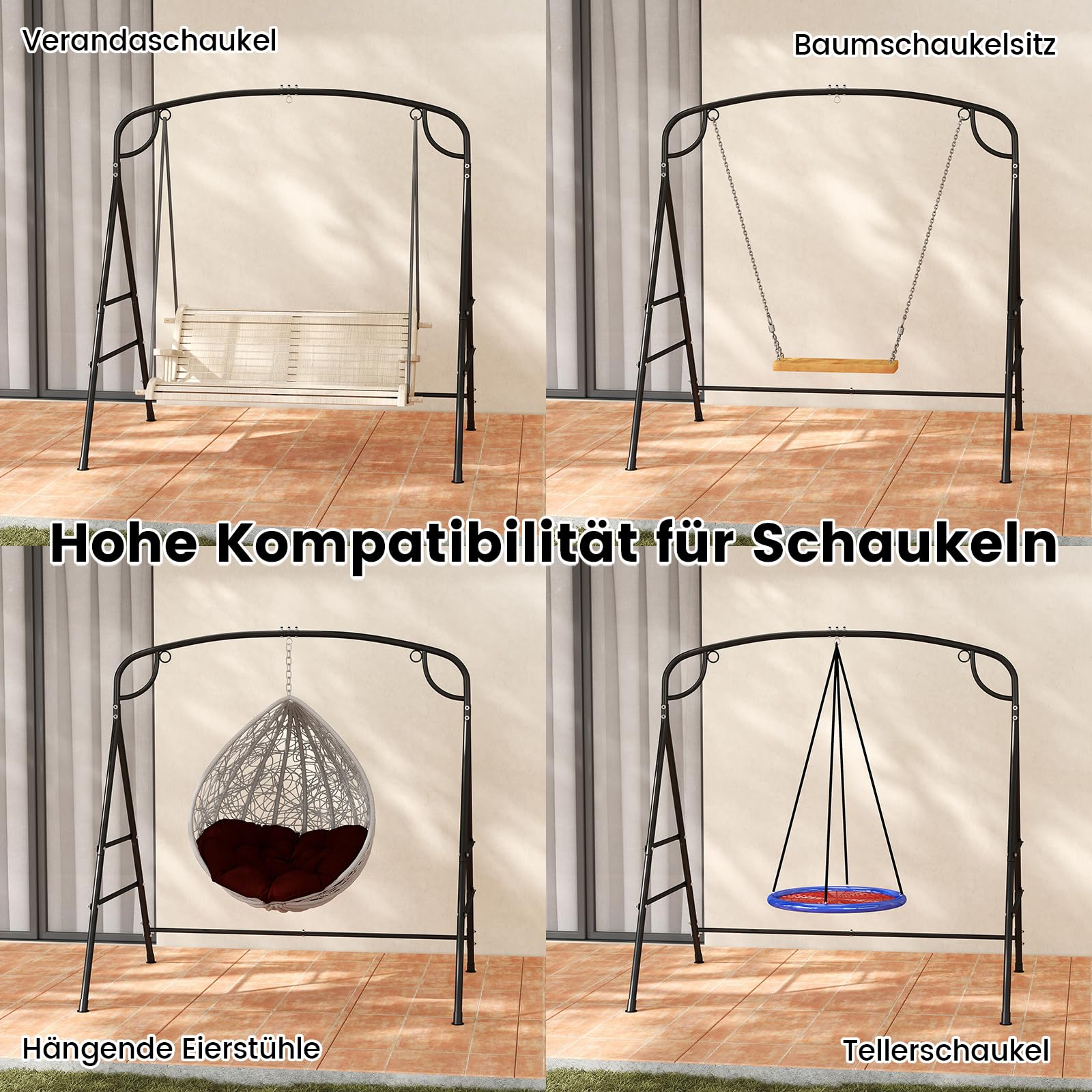 COSTWAY Schommelframe, frame voor hangbank, schommelbank, nestschommel, hangstoel, schommelframe van metaal, voor tuin, veranda, zwart