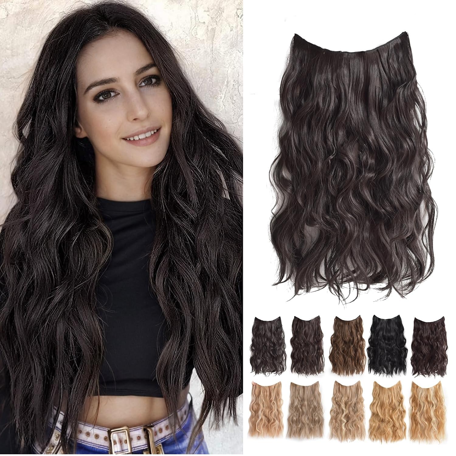 21inch halo hair extension Adjustable Size 4 Secure Clips Invisible Wire Hair Extensions with Transparent Headband Wire hair Natural black Long Wavy halo extensions for women（2#）