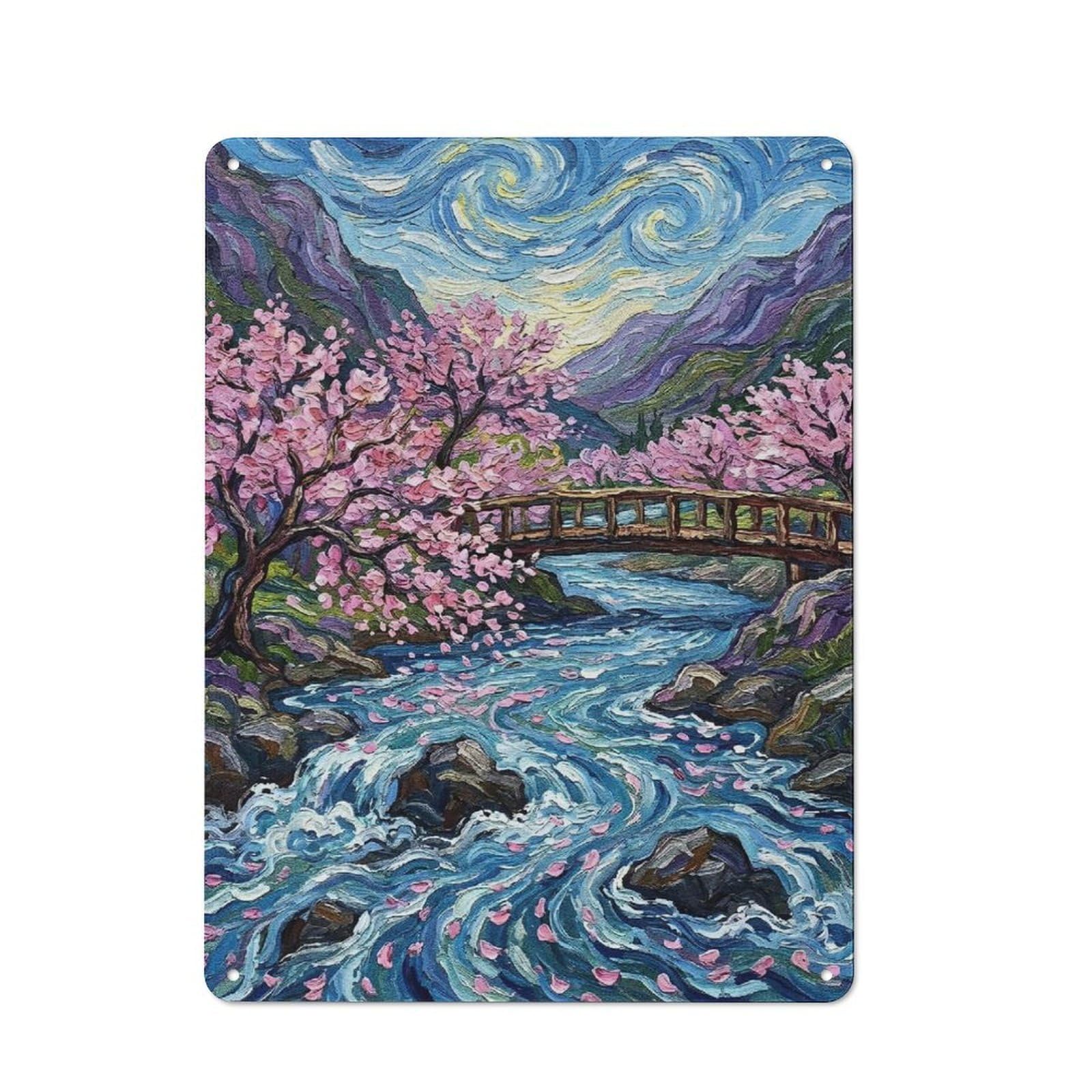 Junmoney Style Decorative Tin Plaque With Cherry Blossoms Over River Painting Design 40X30cm, Nostalgic Home Bar Decor For Bar, Kitchen, Garage Or Games Room
