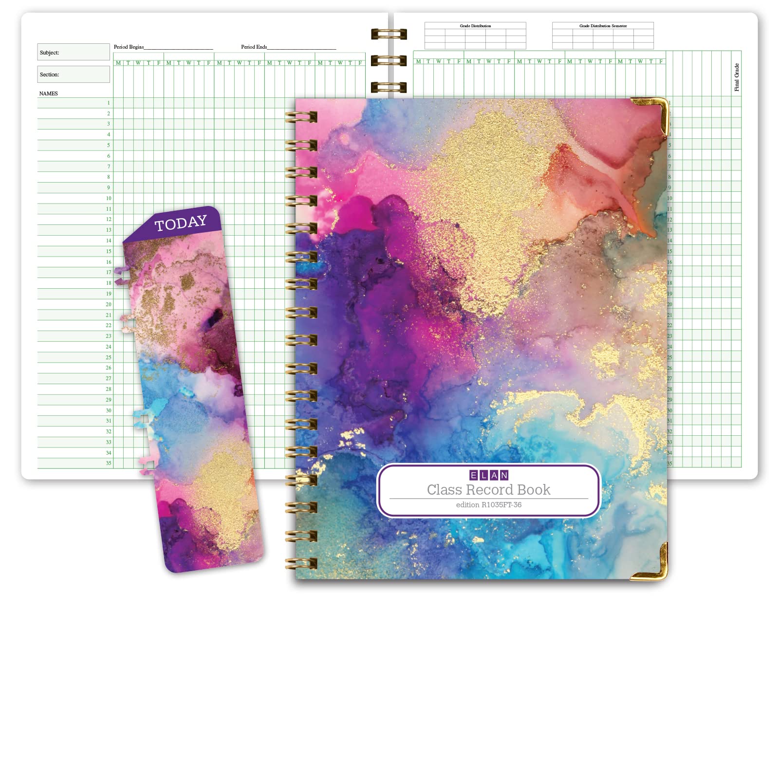 Elan Publishing Company Teacher Class Record Book for 9-10 Weeks, 35 Students, 8.5"x11" - Includes Bookmark, Seating Charts, Perforated Grading Sheets
