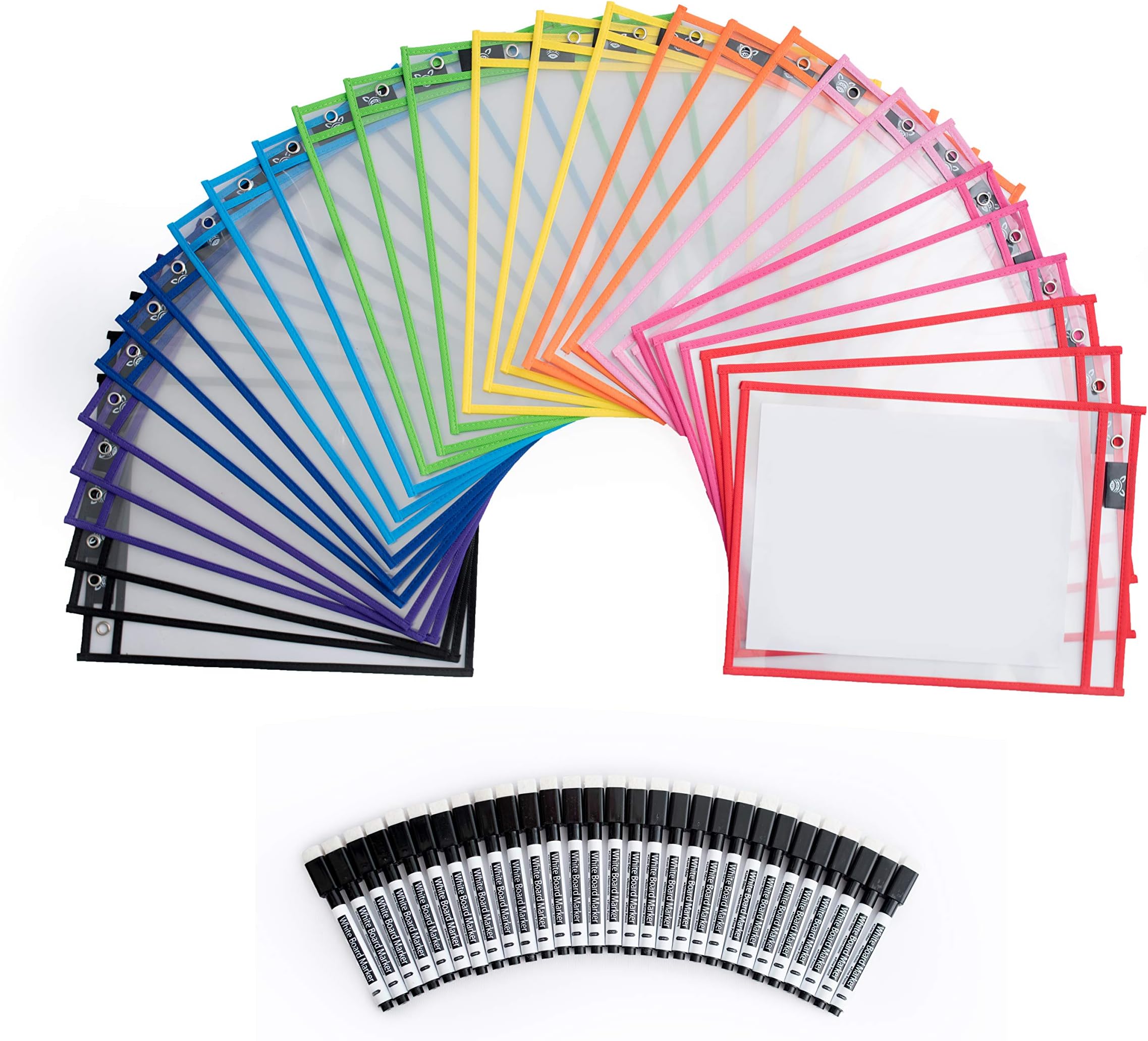 Dry Erase Pockets - 30 Pack Reusable Clear Plastic Sleeves with Marker - 9x12 Inches Multi-Colored Sheets School & Classroom Supplies for Teachers & Kids