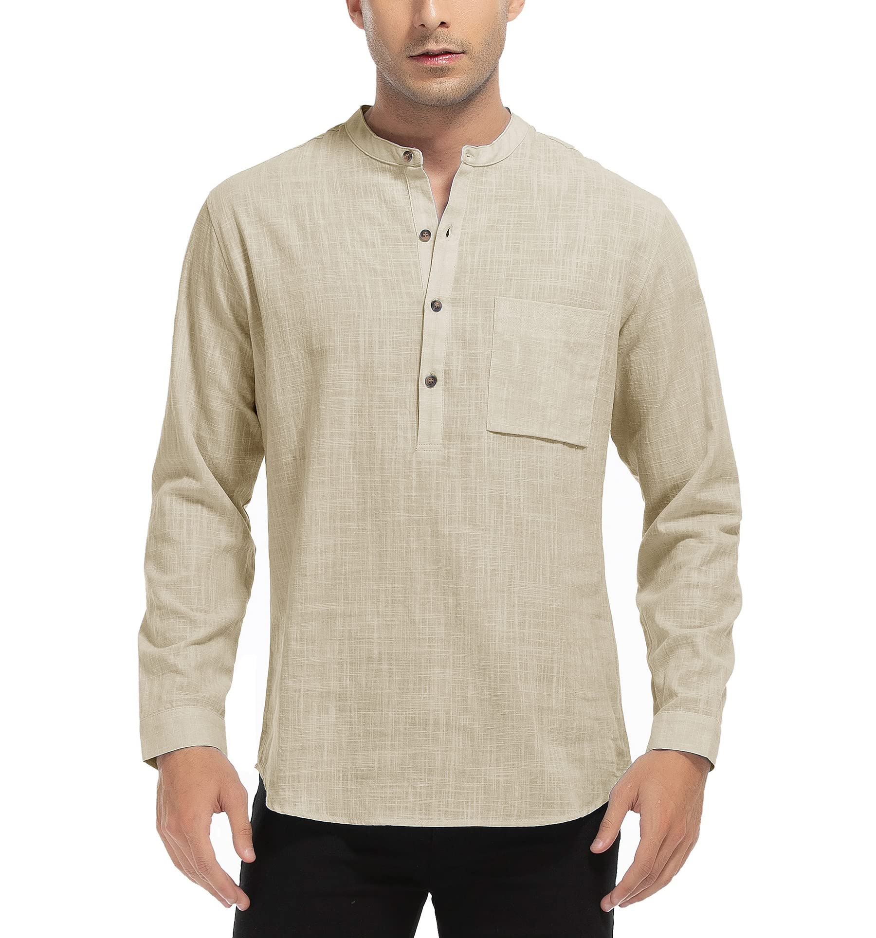 WAZZAP Camisas para Hombre Manga Larga de Lino Verano Henley Camisas Casual Hippie Playa Camisa