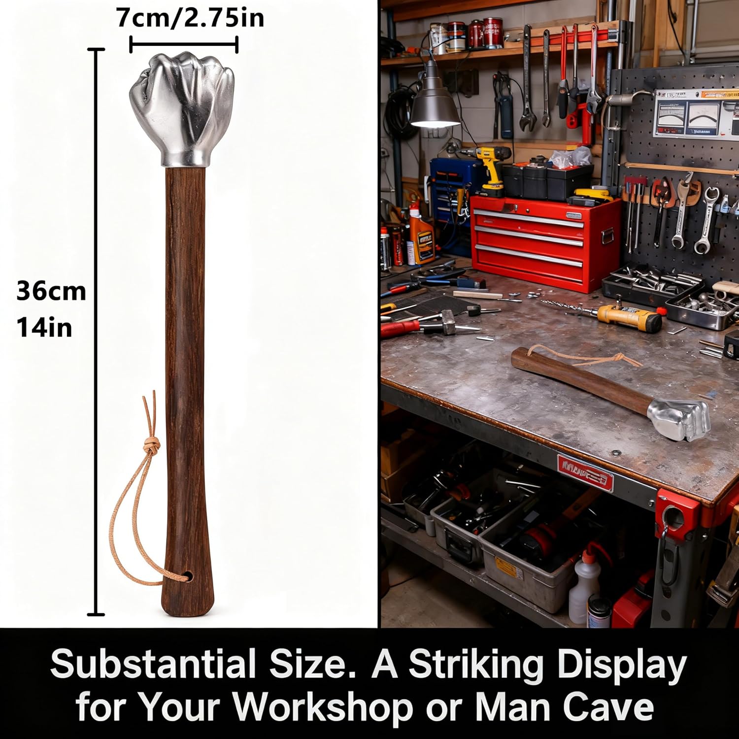 Blacksmith Fist Hammer, Decorative Metal Fist Head Hammer with Wood Handle & Leather Cord - Functional Art Tool, Unique Collectible, Gift for Forging, Workshop Decor, Man Cave