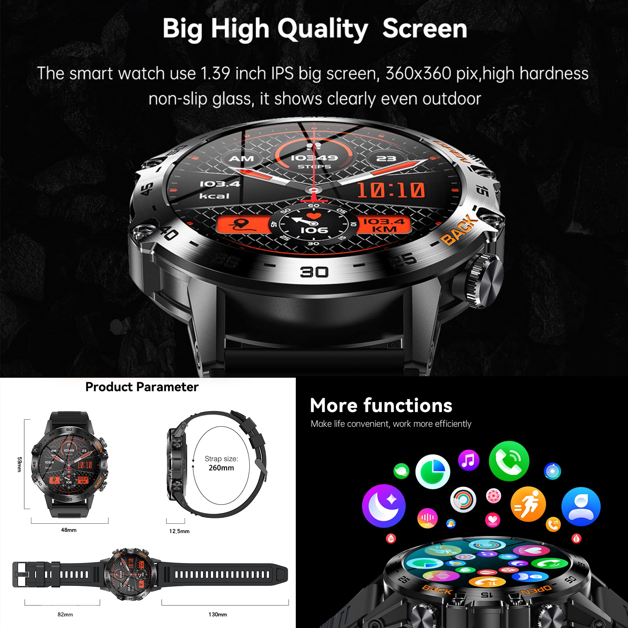Montre connectée Homme avec Appel Bluetooth, 1,39" AMOLED Smartwatch avec 123 Modes Sportifs 5ATM Étanche, Tracker d'activité, Sommeil, Fréquence Cardiaque, SpO2, Smart Watch pour iOS Android (Noir)