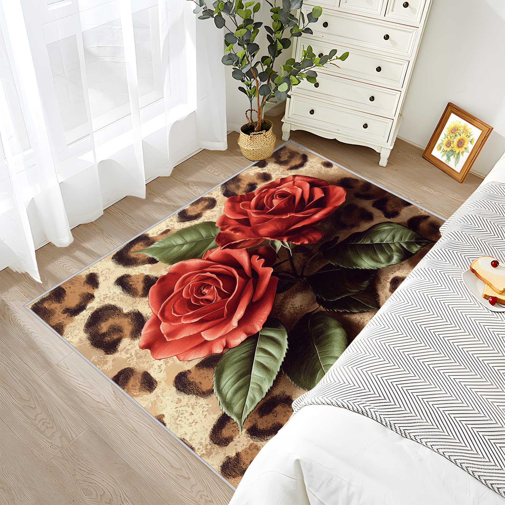 Rosen Deko, Leopardenmuster Teppich 240x340 Kurzflor, Großer Teppich Wohnzimmer Luxus Modern Floral, Weich rutschfest Waschbare Teppiche, Bettvorleger Schlafzimmer Kinderzimmer