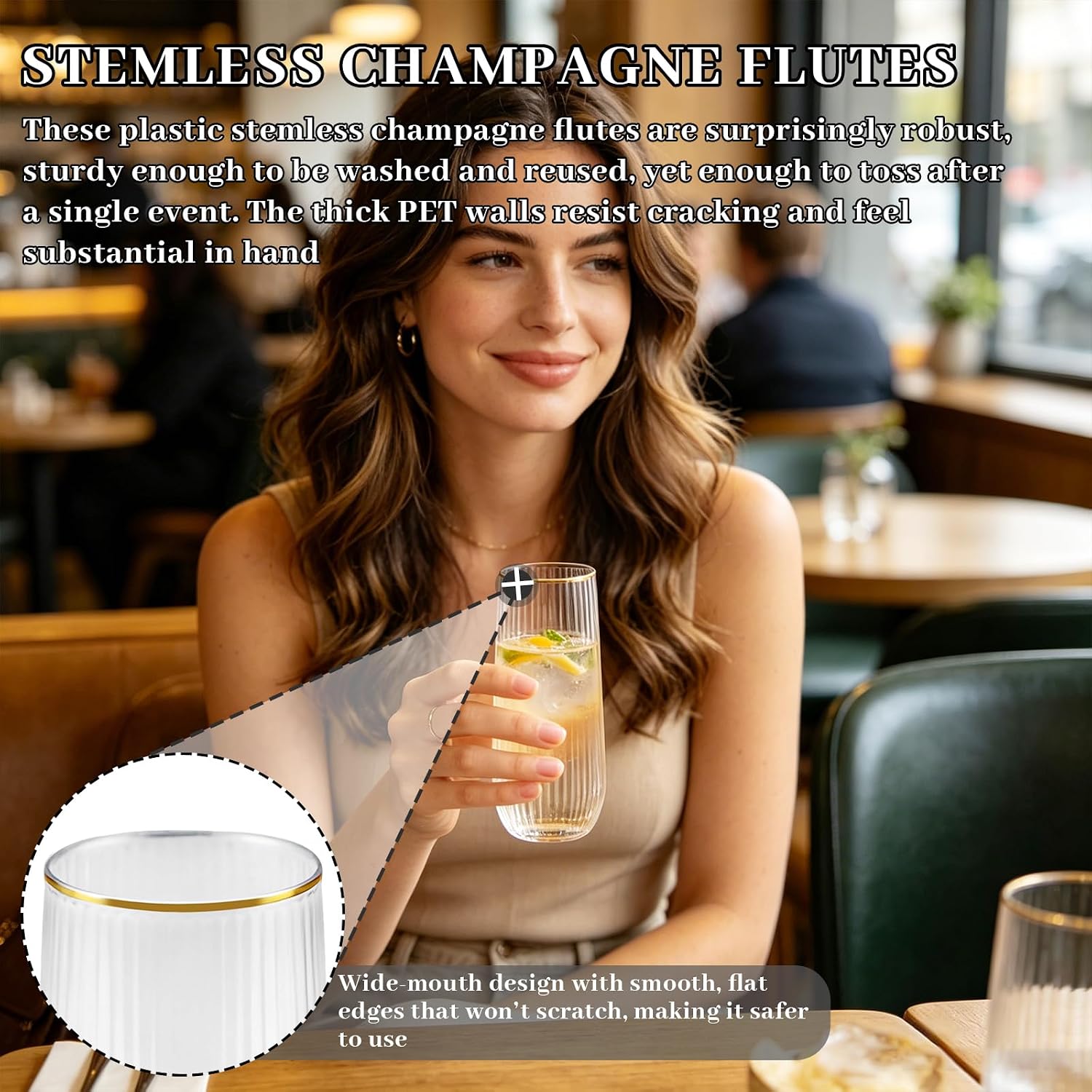 40 PCS Disposable Plastic Champagne Flutes, 9 oz Stemless Toasting Glasses, Unbreakable Shatterproof Glasses with Gold Rim for Weddings Parties Events Celebrations