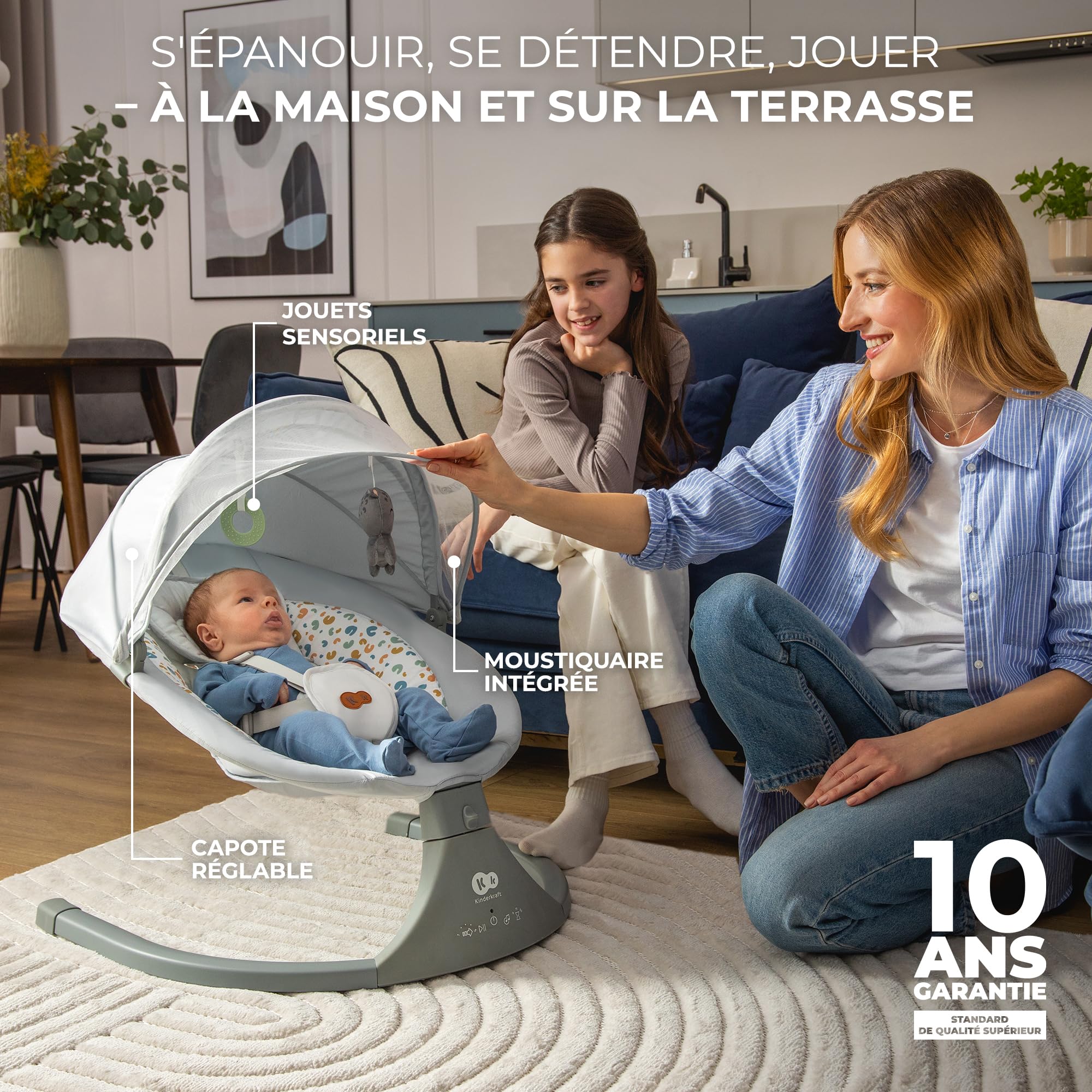 Kinderkraft LUMI 2 Transat bébé, Balancelle bebe electrique de La Naissance à 9 Mois, Réglable hauteur, 5 modes du balancement, 12 mélodies, Arche avec jouets, Gris foncé