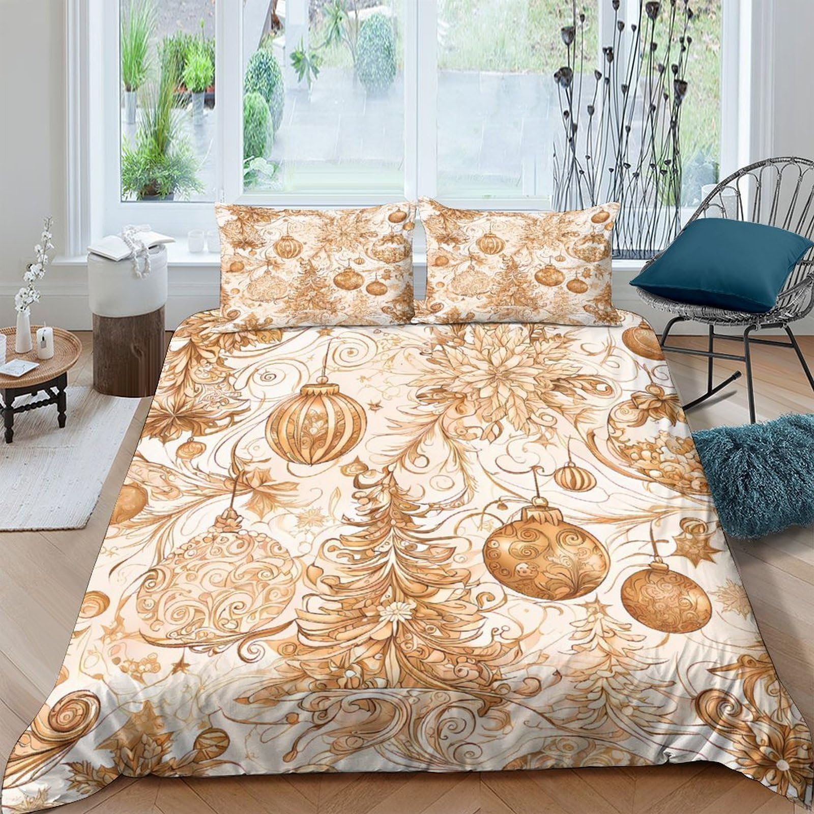 Ctjqhvkz Style-3 3D Printed Golden Christmas Ornament Fitted Sheet Microfiber Soft Anti-Slip Bed Cover For Bedroom Guest Room Easy Care Single（135X200cm）