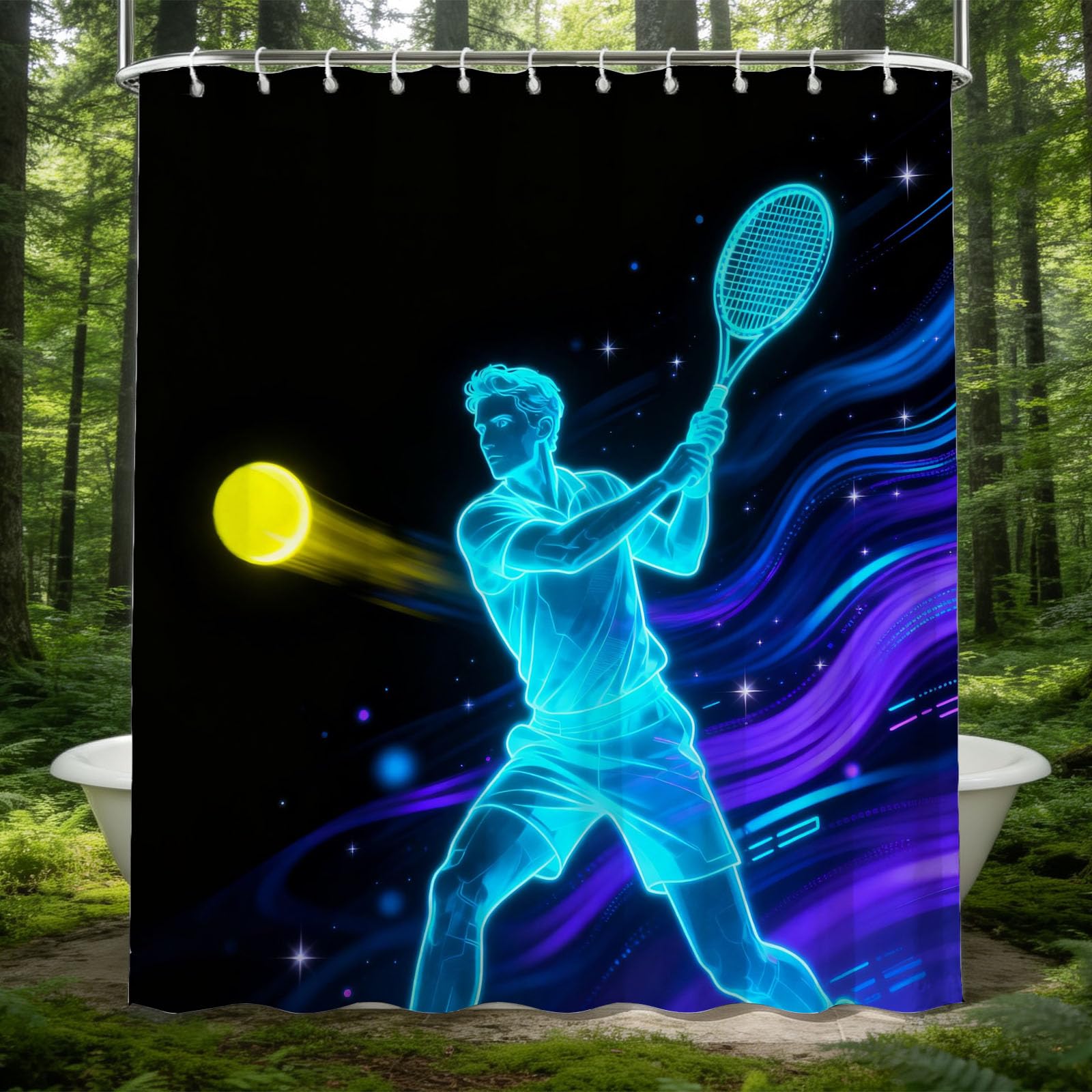 Hongduo 3D Tennis Player Shower Curtain for Stalls Bathtubs Abstract Art Bathroom Decor Shower Curtain Set Polyester Fabric Waterproof 180x200cm/71X79 Inch with Hooks