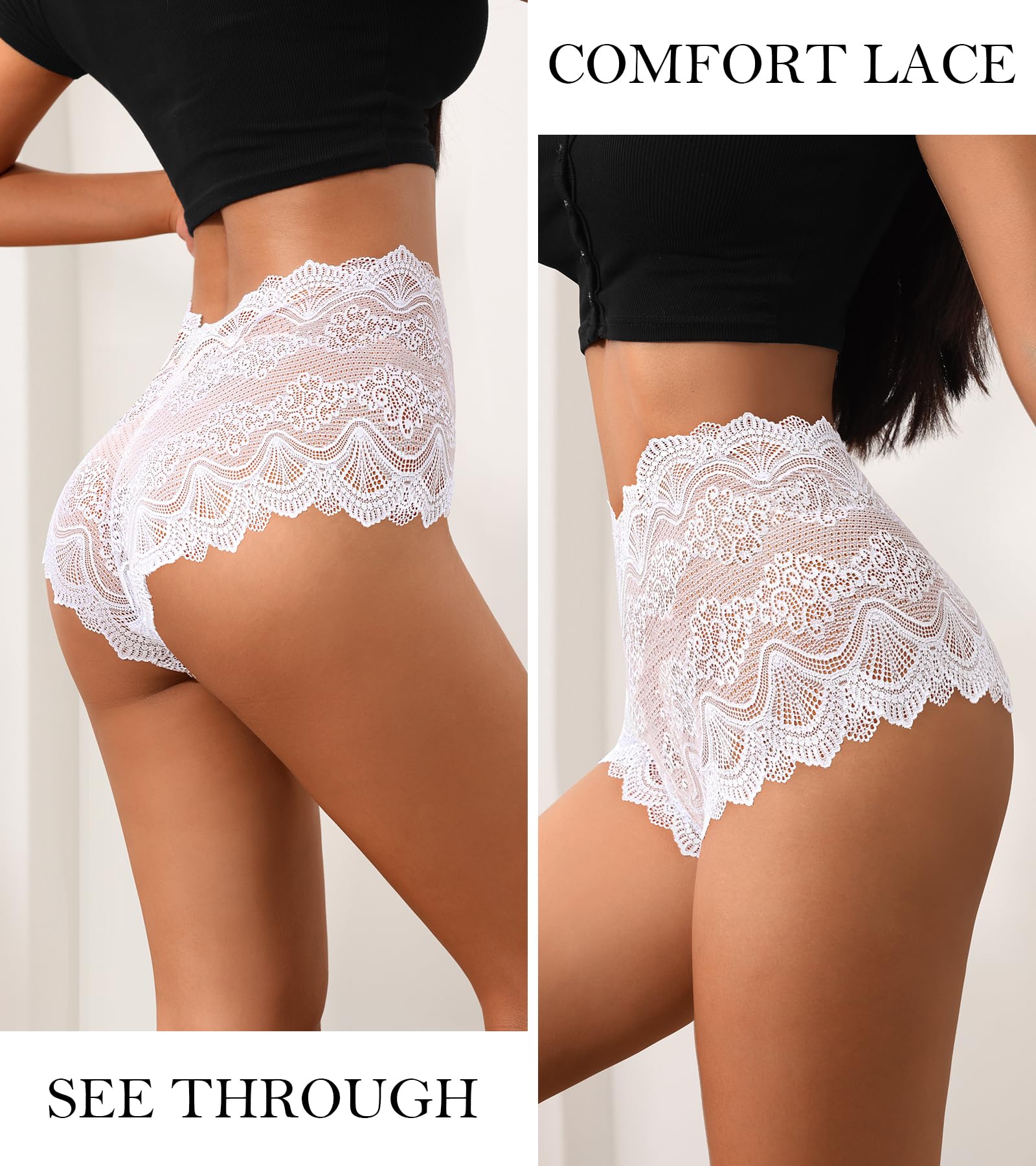 ASIMOON Sexy Women's Underwear Soft Lace Cheeky Panties Lightweight High Waist Bikini Underwear for Women 3Pack: Large Multicolor (3 Pack)