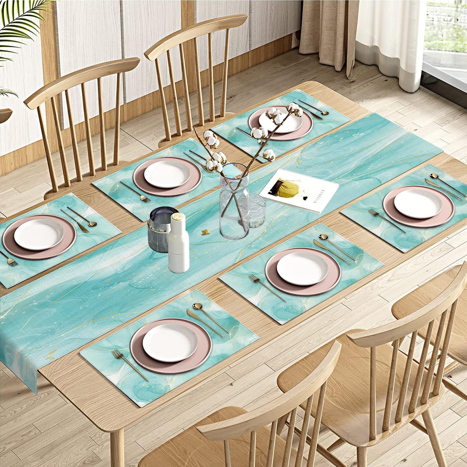 Emvency Marble Teal Mint GreenTable Runner and Placemats Set of 6,Turquoise Gold Abstract Painting Art Dining Decor for Daily Use(1 Table Runner 72
