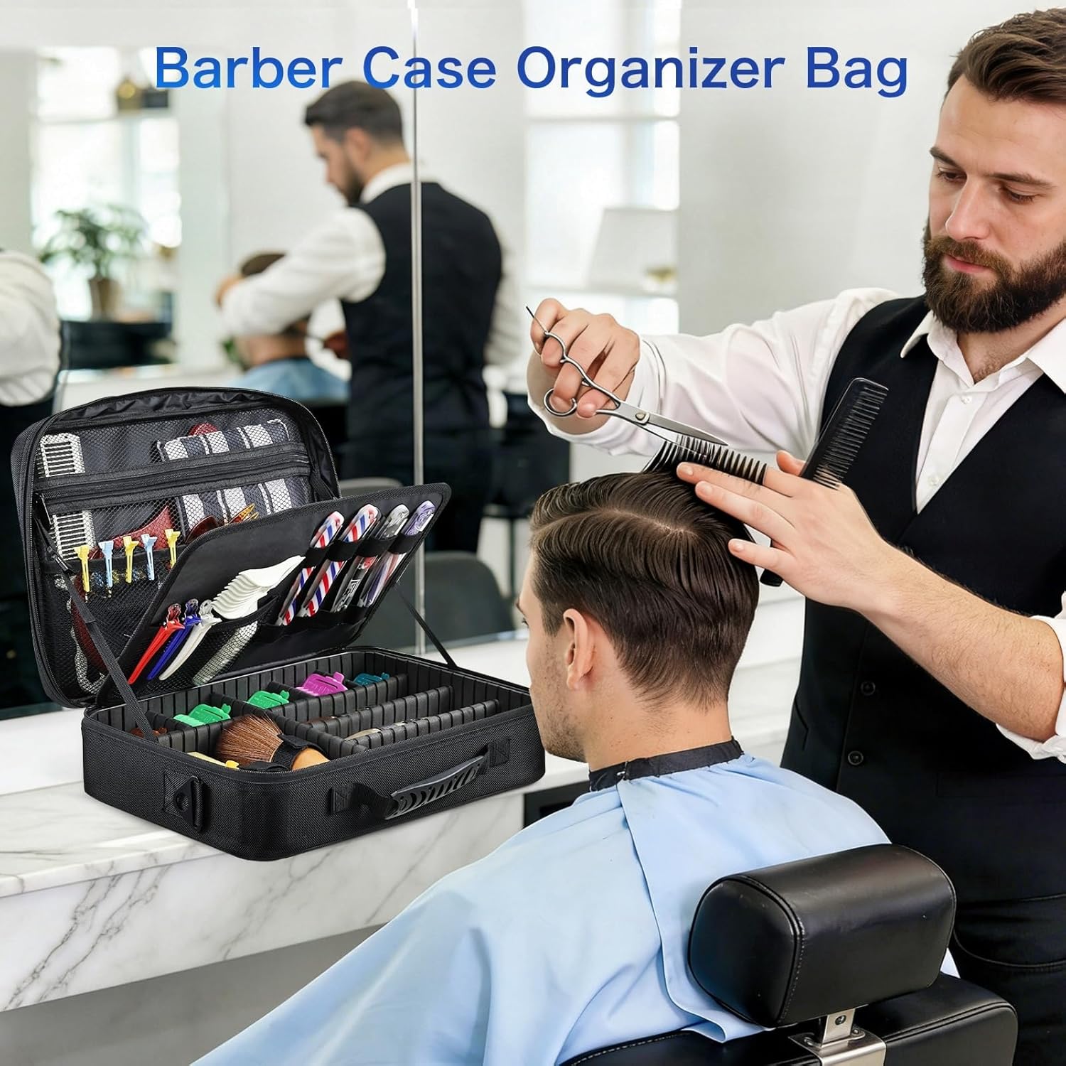 Professional Barber Clipper Case Organizer Bag with Adjustable Dividers, Detachable 6-Slot Scissors Panel, Travel Grooming Tool Storage - Fits Wahl/Andis/Hatteker