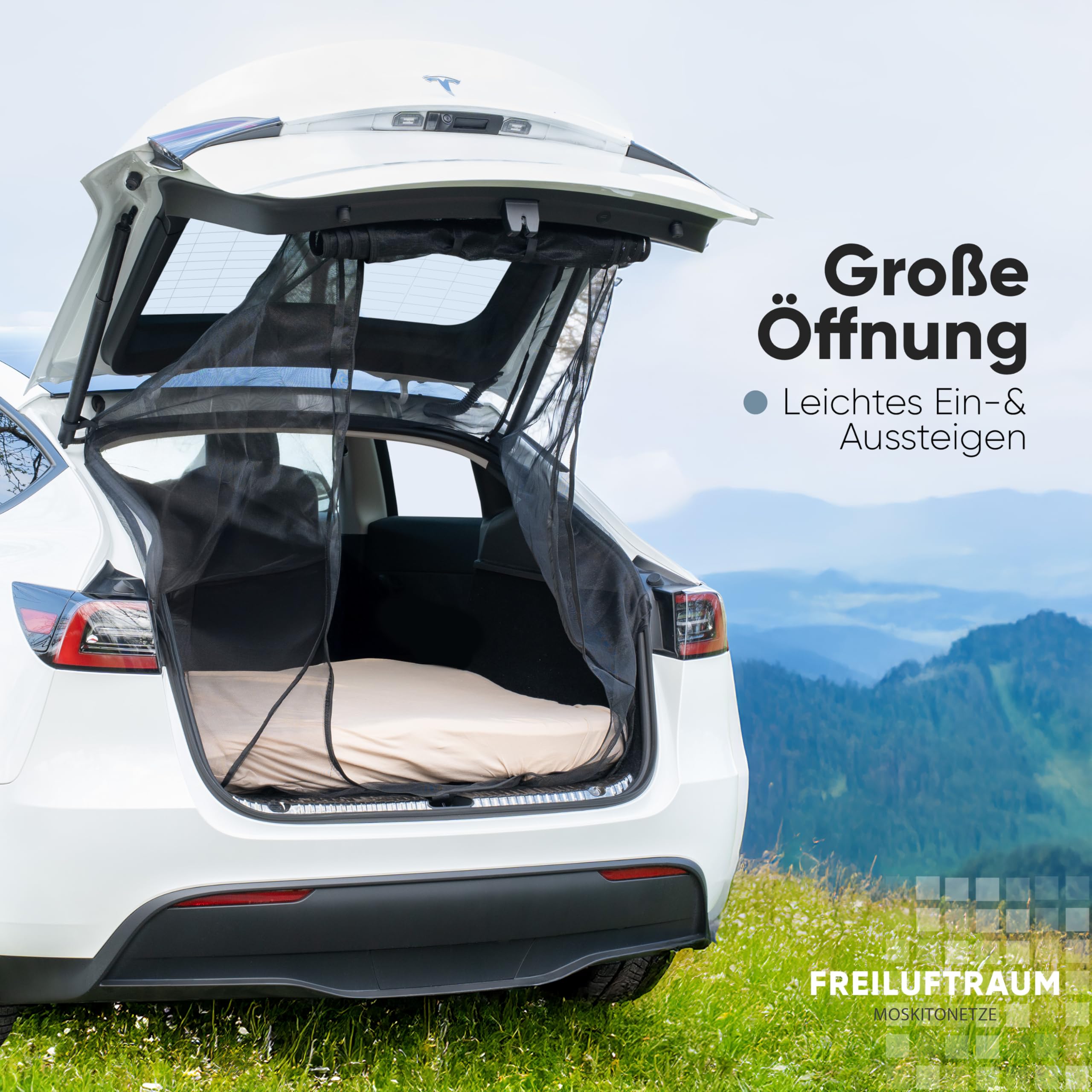 Moskitonetz Kofferraum für Tesla Model Y – Insektenschutz Netz für Camping & Schlafen im Auto – Passgenau, einfach montierbar – Zubehör für Tesla Model Y