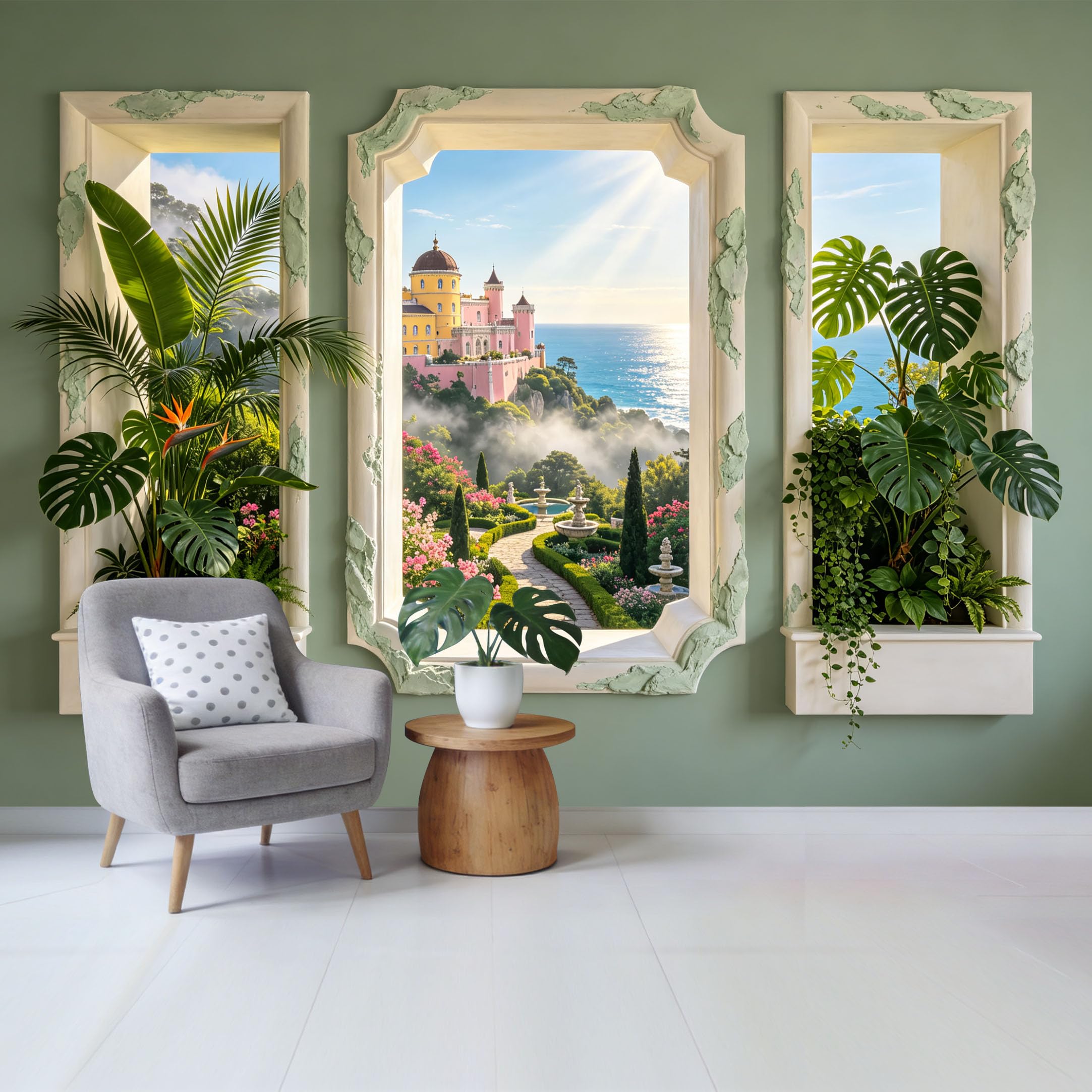 Custom Size Wall Mural Mediterranean Coastal Garden Ocean View Window 3D Trompe l’oeil Removable Self Adhesive Fabric Home Wall Decor for Living Room Bedroom Bathroom