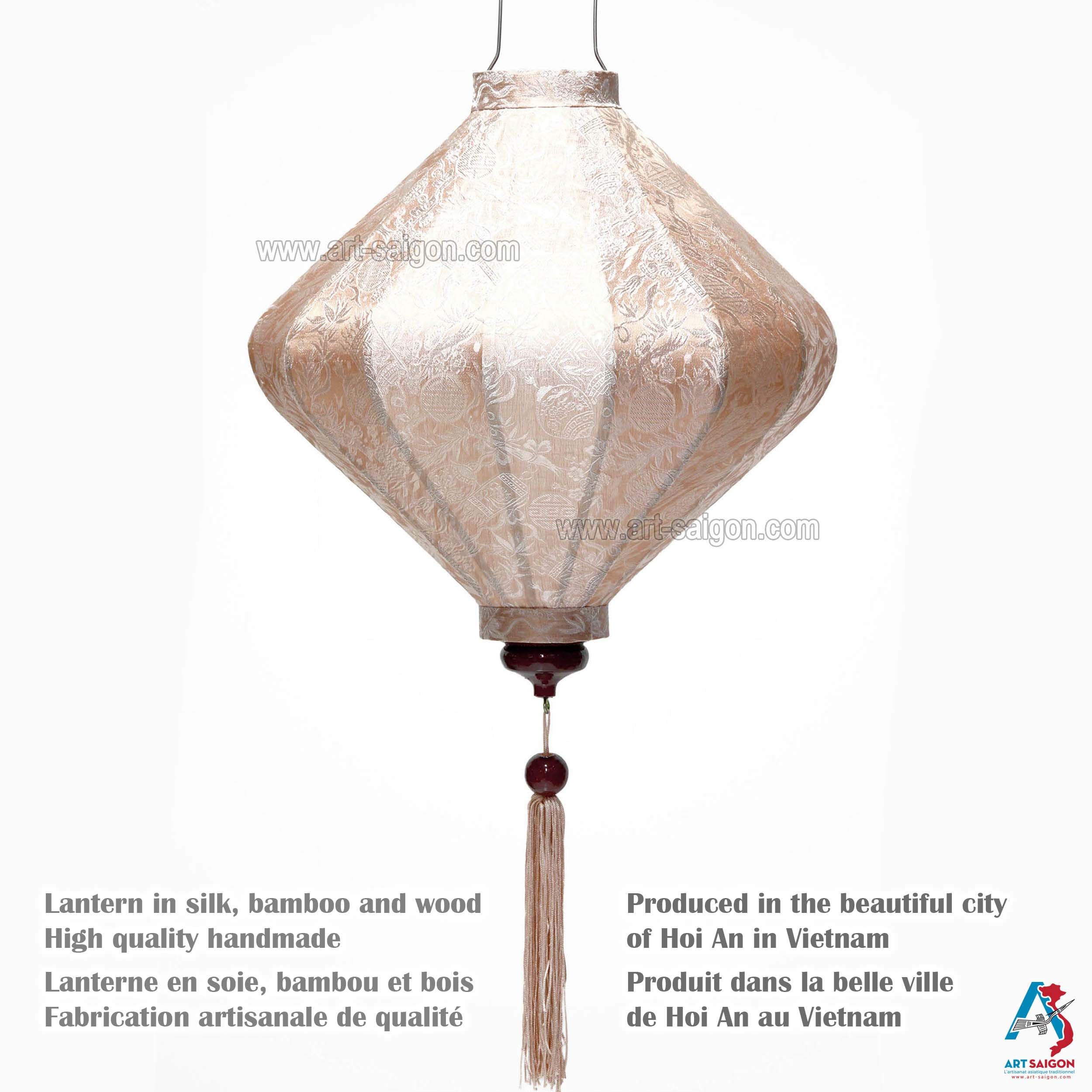Lanterne Asiatique en Soie T Ø39cm, Couleur Champagne Rosé - Lampion Traditionnel de Hoi an en Tissu, Bambou et Bois - Artisanat et Décoration du Vietnam (T25-BE)