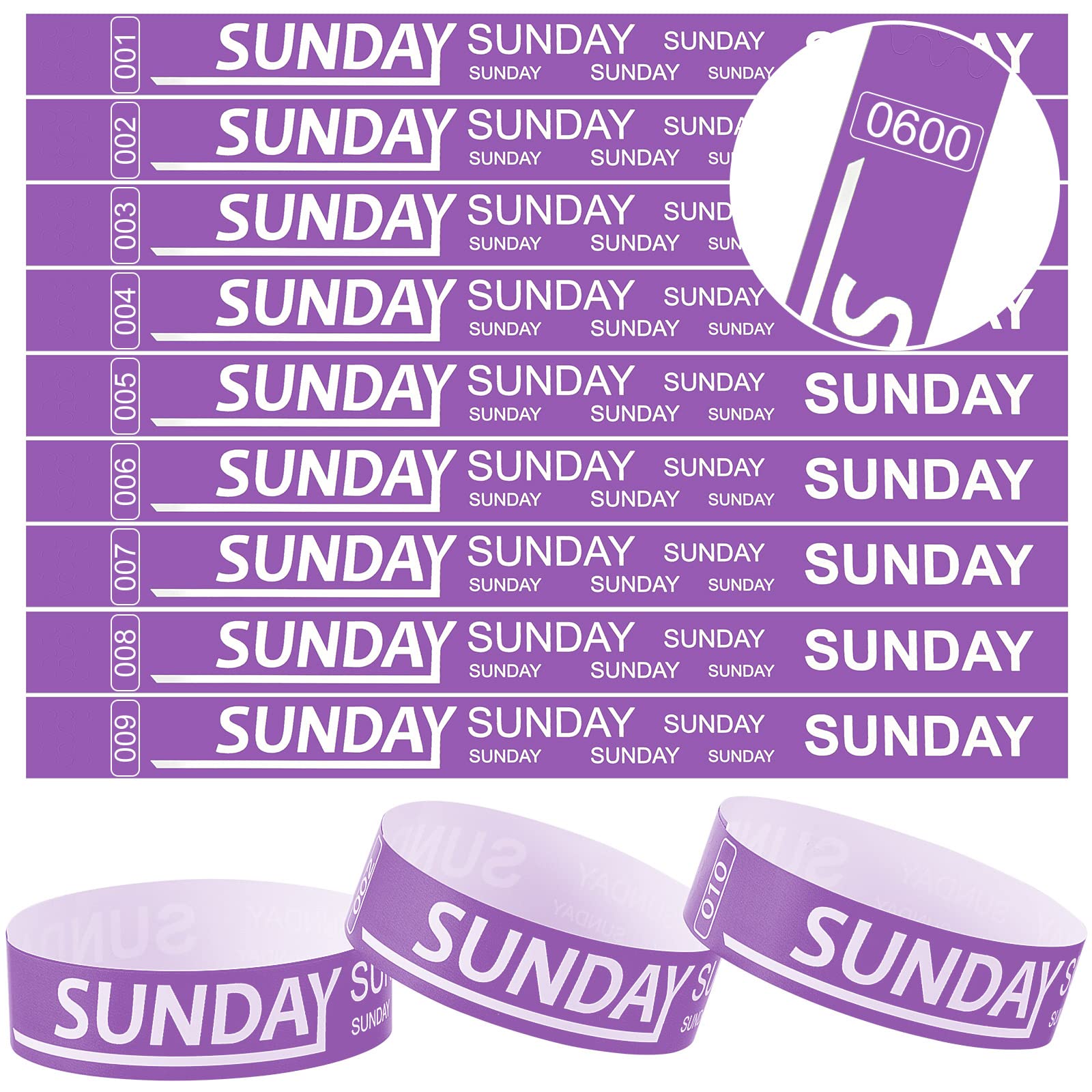 Henoyso 600 Pcs Sunday Paper Wristbands Event Paper Bracelets Numbered Waterproof Party Day of the Week for Adult Party(Purple)