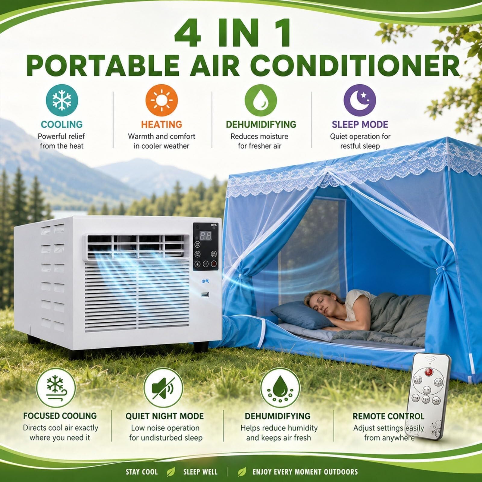 Przenośny klimatyzator 280 W na nocny kemping, mobilny klimatyzator namiotowy i klimatyzator kempingowy, 1876 Btu, pilot AC+1,2 M (AC+1,5 M)