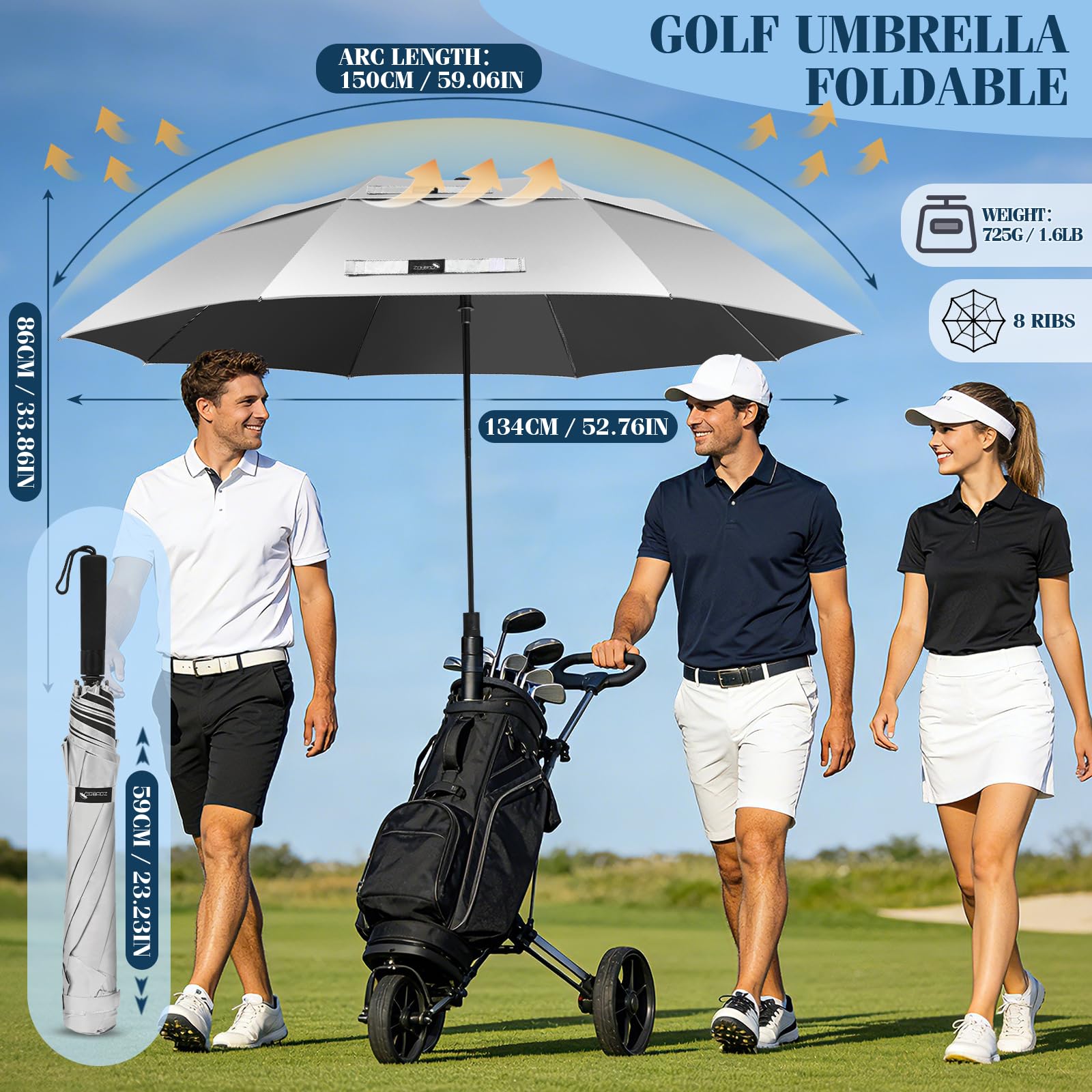 ZOMAKE Großer Sturmfester Faltbarer Regenschirm XL Golfschirm mit UV Schutz UPF 50+ für 2 Personen Silber/Weiß
