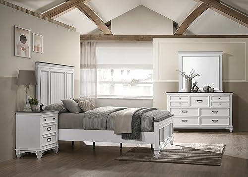 Miniatura 2 de Roundhill Furniture Clelane - Juego de dormitorio de madera con panel Shiplap cama aparador espejo mesita de noche y pecho Queen blanco desgastado y