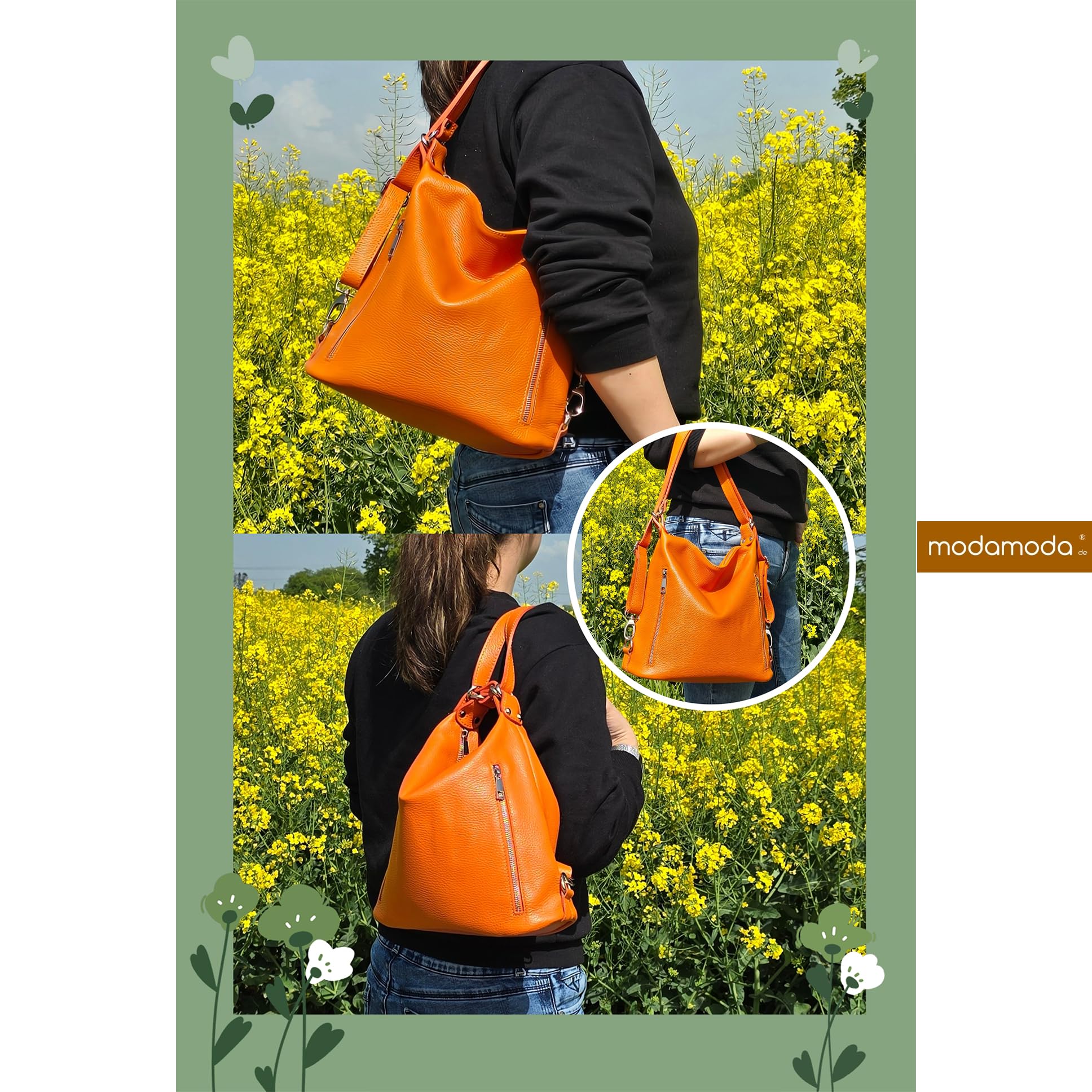 modamoda de T249 Damen Leder Rucksack Schultertasche 2in1, handmade in Italy