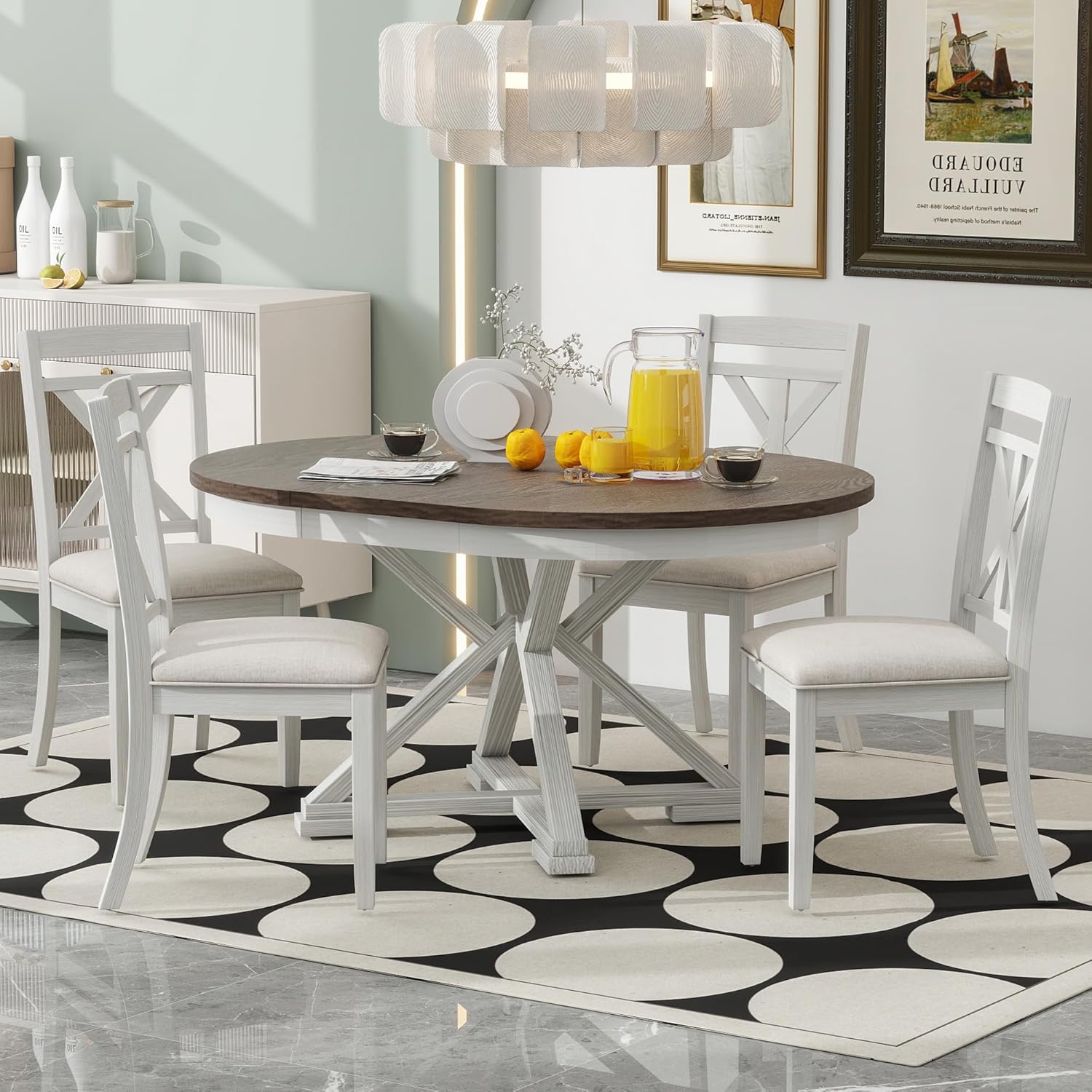 Merax Extendable Round Dining Table Set for 4, Farmhouse