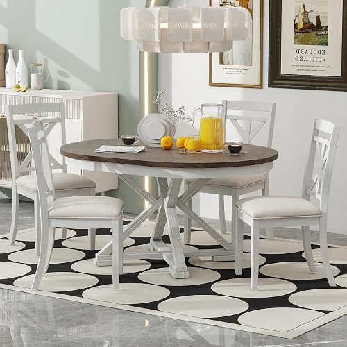 Merax Extendable Round Dining Table Set for 4, Farmhouse Kitchen Table Set with 4 Upholstered Chairs for Kitchen, Dining Room, Living Room, Brown+Antique White