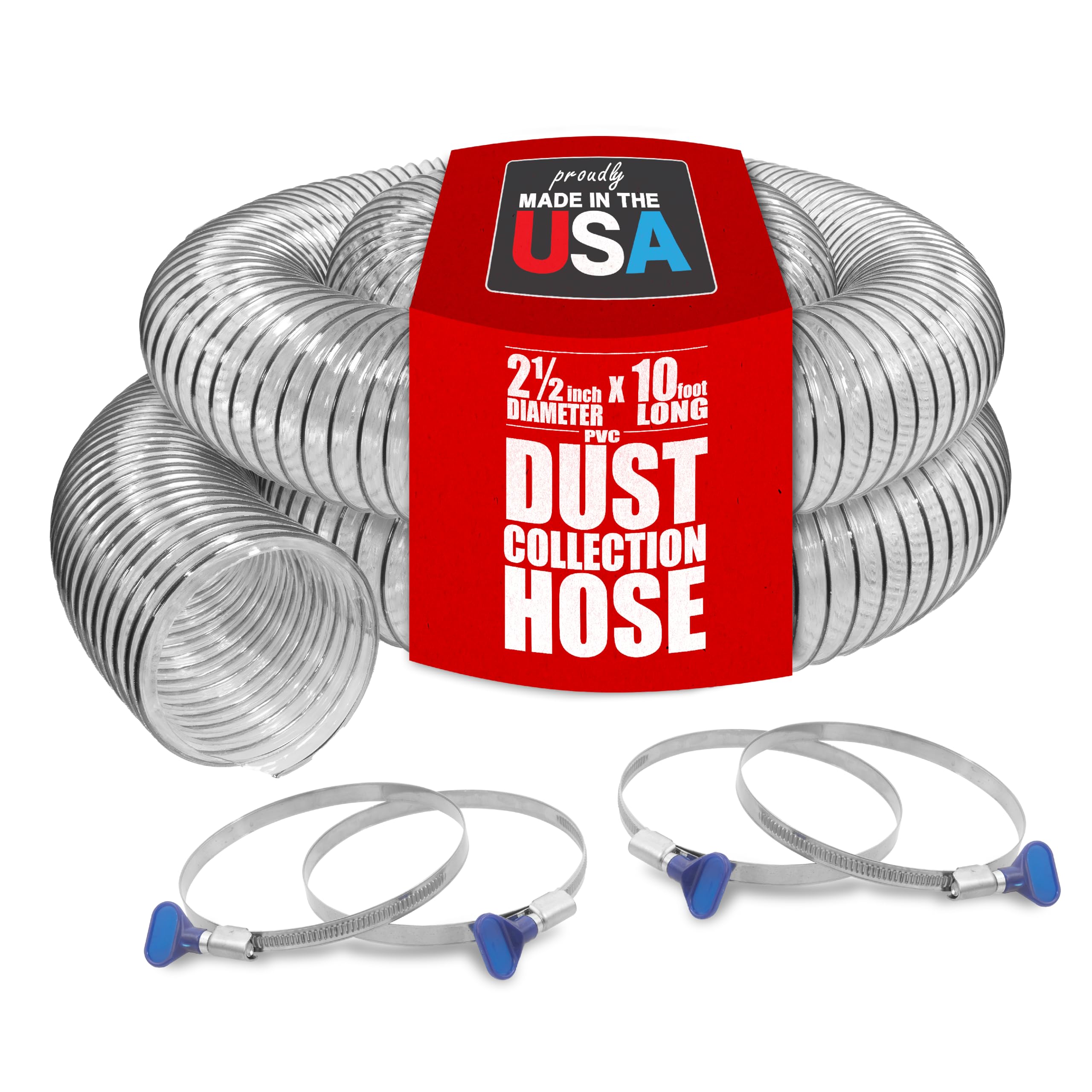 PVC Dust Collection Hose w/4 Thumbscrew Clamps, Puncture Resistant, Carbon Steel Wire, Clear Flexible PVC Dust Collector Hose, Proudly Made in USA (2 1/2" x 10')
