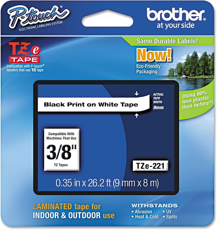 Cinta negra sobre blanco Brother(R) TZe-221, 0,38 pulgadas. x 26,2 pies, BRTTZ221