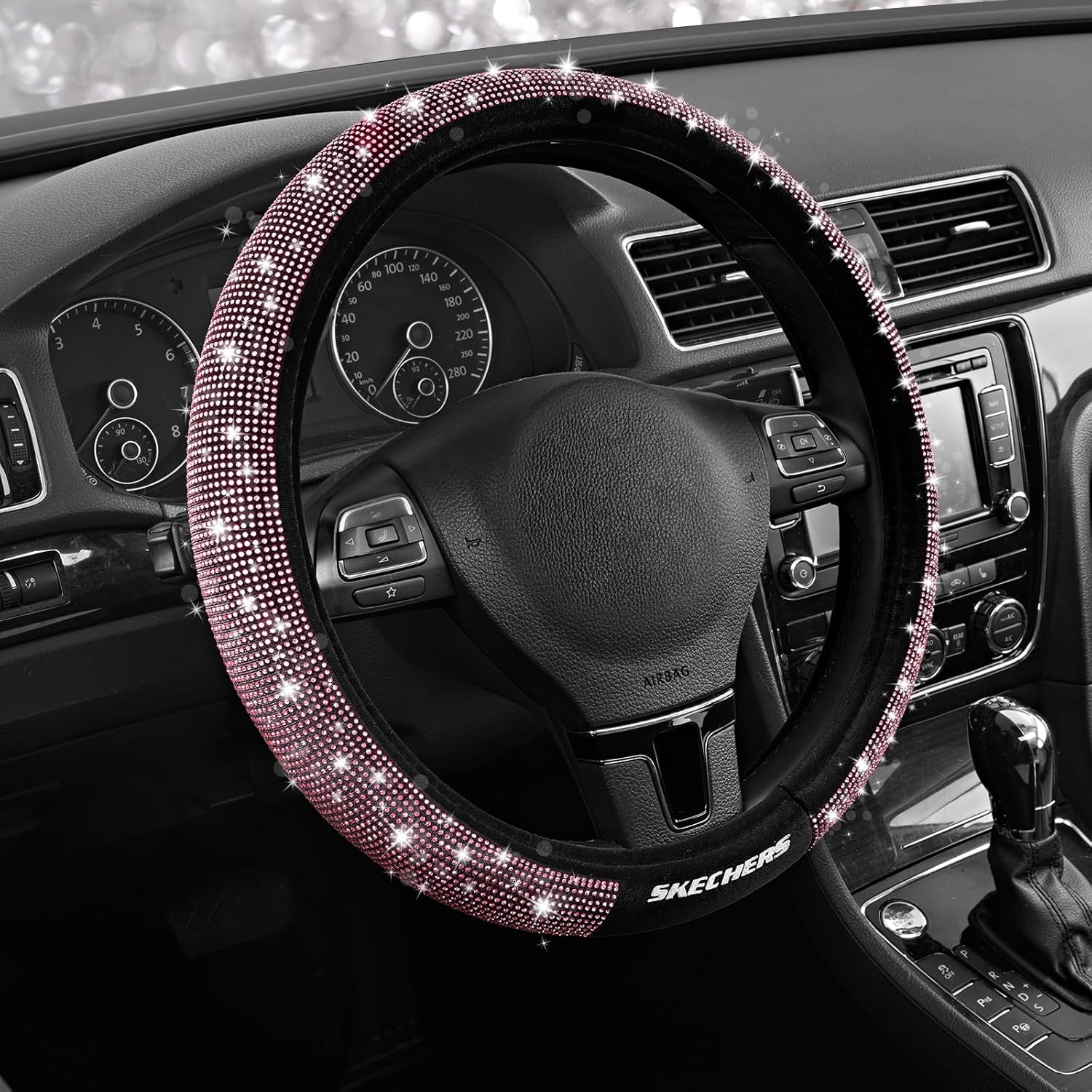 Skechers Women’s Bling Steering Wheel Cover, Velvet with Sparkly Crystal Rhinestones, Stylish Car Interior Gift, Universal Fit 14" 1/2-15" for Cars, SUVs, Trucks, Silver Diamond