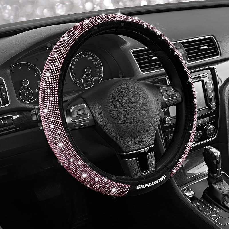 Capa para volante Skechers com acabamento aveludado e strass rosa, para carros, SUVs e caminhões