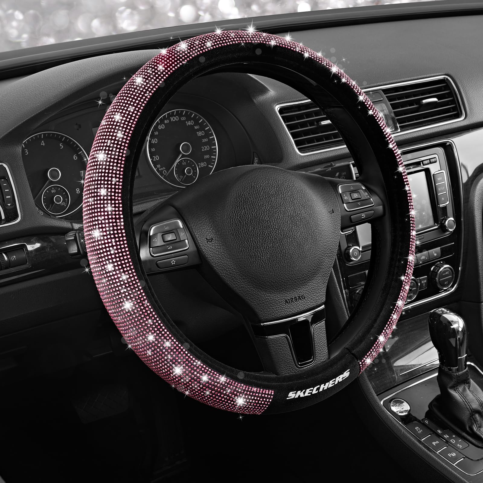 Skechers Women’s Bling Steering Wheel Cover, Velvet with Sparkly Crystal Rhinestones, Stylish Car Interior Gift, Universal Fit 14" 1/2-15" for Cars, SUVs, Trucks, Pink Diamond