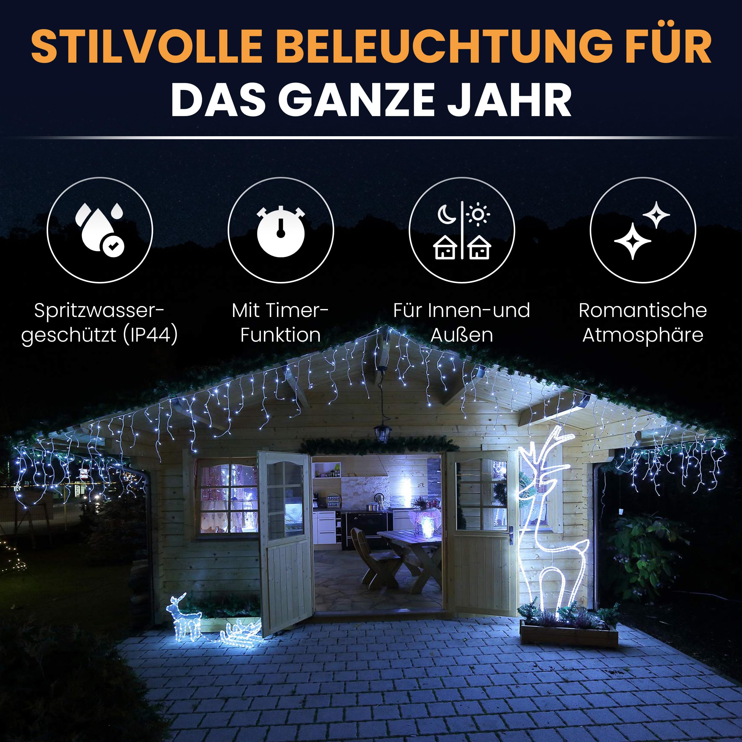 Gartenpirat Eisregen LED Lichterkette 24 m 960 LED kaltweiß Weihnachtsbeleuchtung Timer außen innen