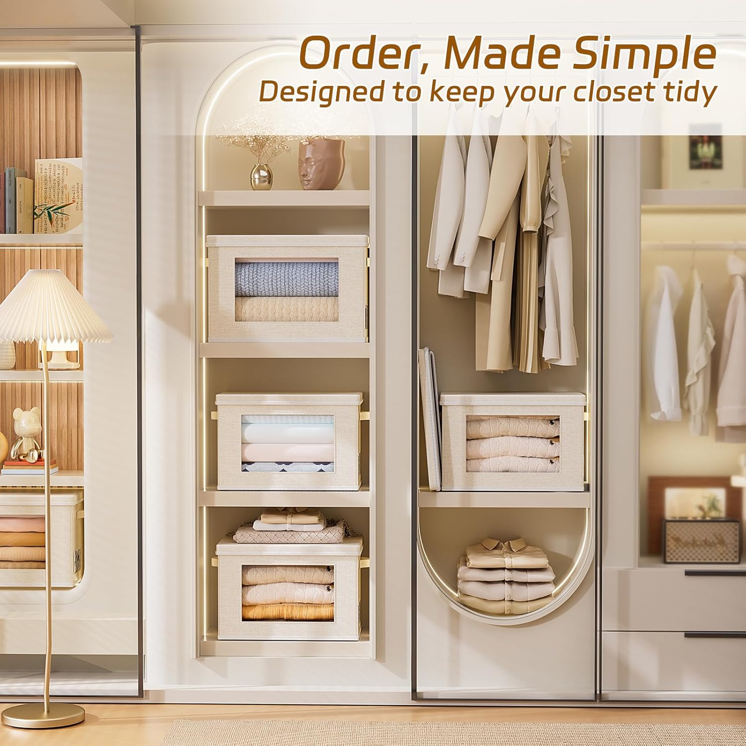 4-Pack Fabric Foldable Storage Bins Closet Storage Box with Window Decorative Storage Bins with Lids for Clothes, Closet, Living Room, Beige, 17“ x 11.8” x 11.8"