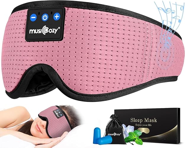MUSICOZY Sleep Headphones, Bluetooth 5.4 Sleep Mask Headband Headphones Sleeping Eye Mask, Wireless Music Earbuds Earphones with HD Stereo Speakers for Side Sleepers, Cool Gadgets Unique Gift - Light Pink