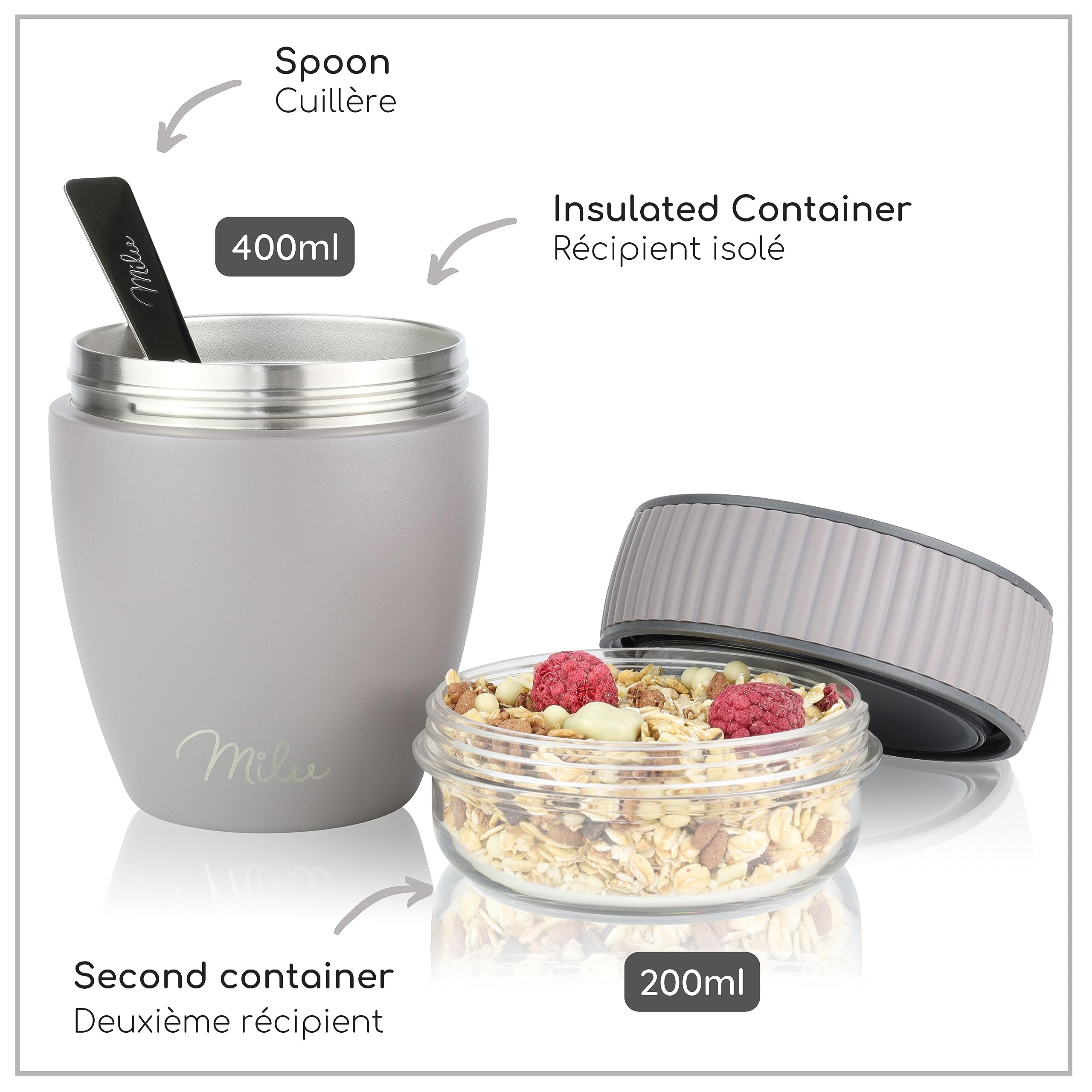 Milu Gobelet à Emporter 400ml en Acier Inoxydable - Isolé pour Muesli, Yaourt, Porridge - Anti-Fuite avec Cuillère (Gris Taupe)