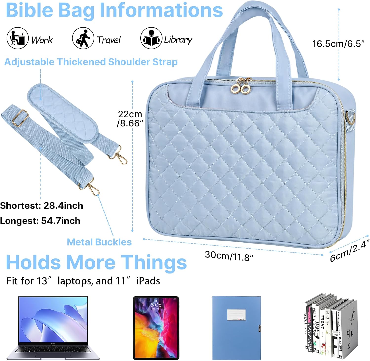 PUGPIU Bible Cover Case for Women, Large Quilted Bible Bag with Shoulder Strap and Handle, Bible Study Supplies Journaling Kit with Highlighters Pens No Bleed Tabs Notebook Cross Clips (Light Blue)