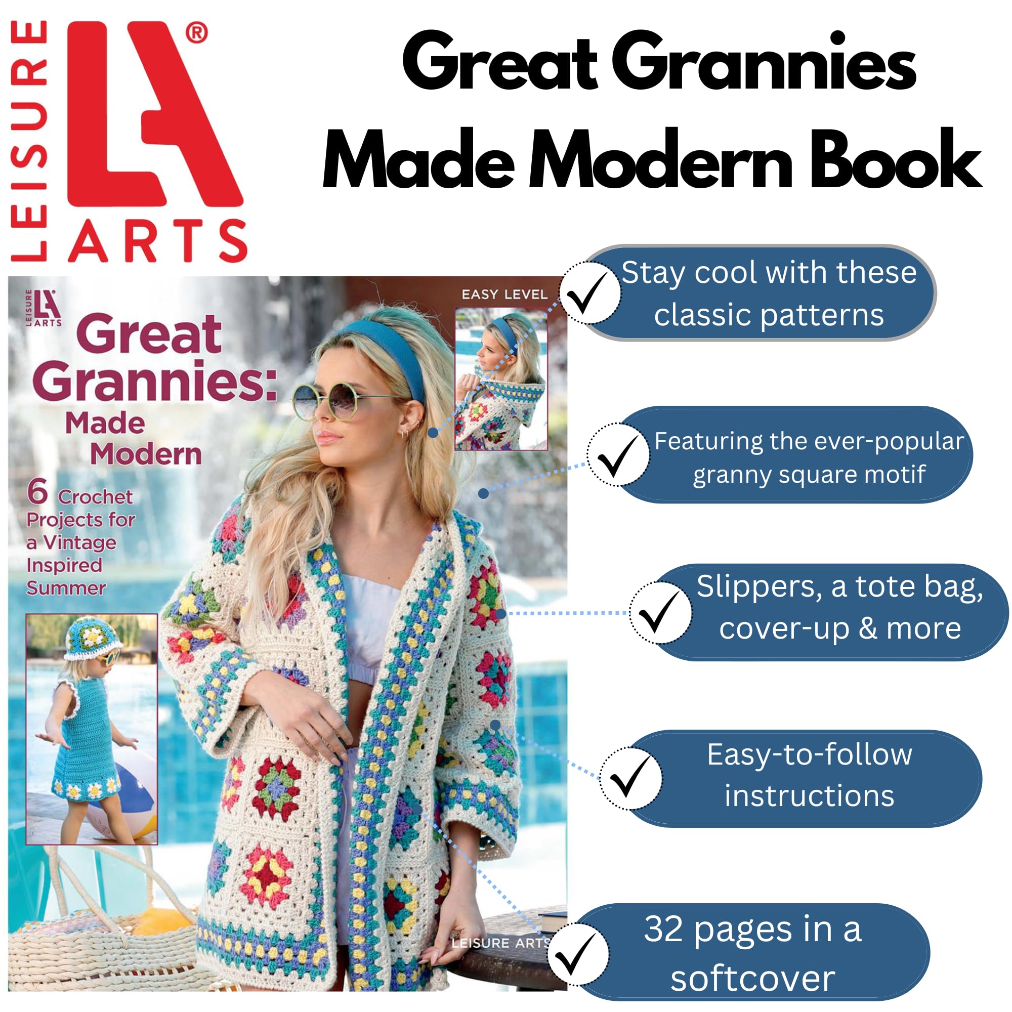 Leisure Arts Great Grannies:Made Modern Book, Granny Square Crochet Book, Granny Square Crochet Squares Sourcebook, Patterns and Projects