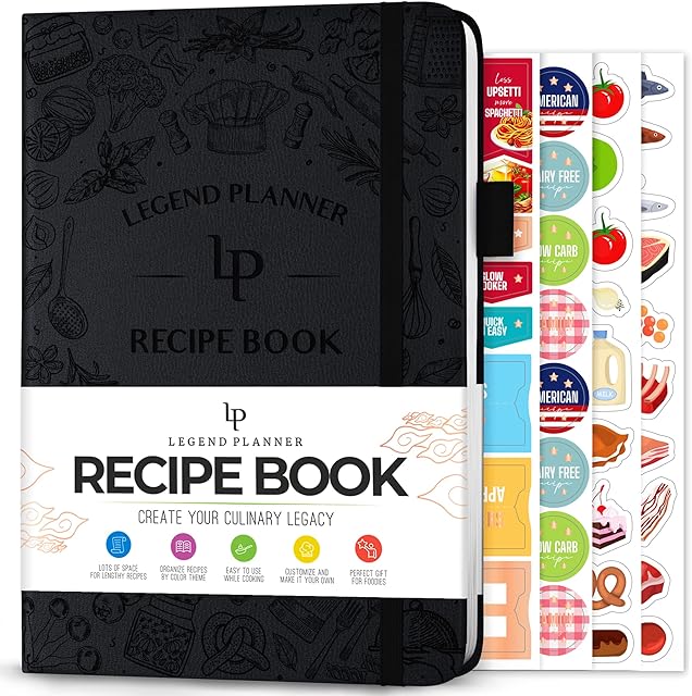 Legend Recipe Book  Blank Family Cookbook to Write In Your Own Recipes  Empty Cooking Journal  Personalized Cooking Notebook, Hardcover, A5-Sized, 58 Recipes In Total - Black