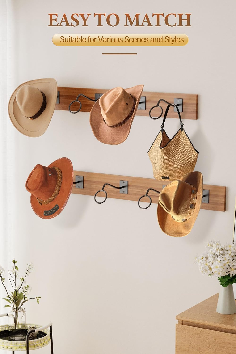 Cinati Cowboy Hat Rack for Wall, 8 Pack Cowboy Hat Holder Wall Mount, Western Rustic Metal Hats Hooks for Western-Hat, Fedora, Sun Hats,Wide Brim